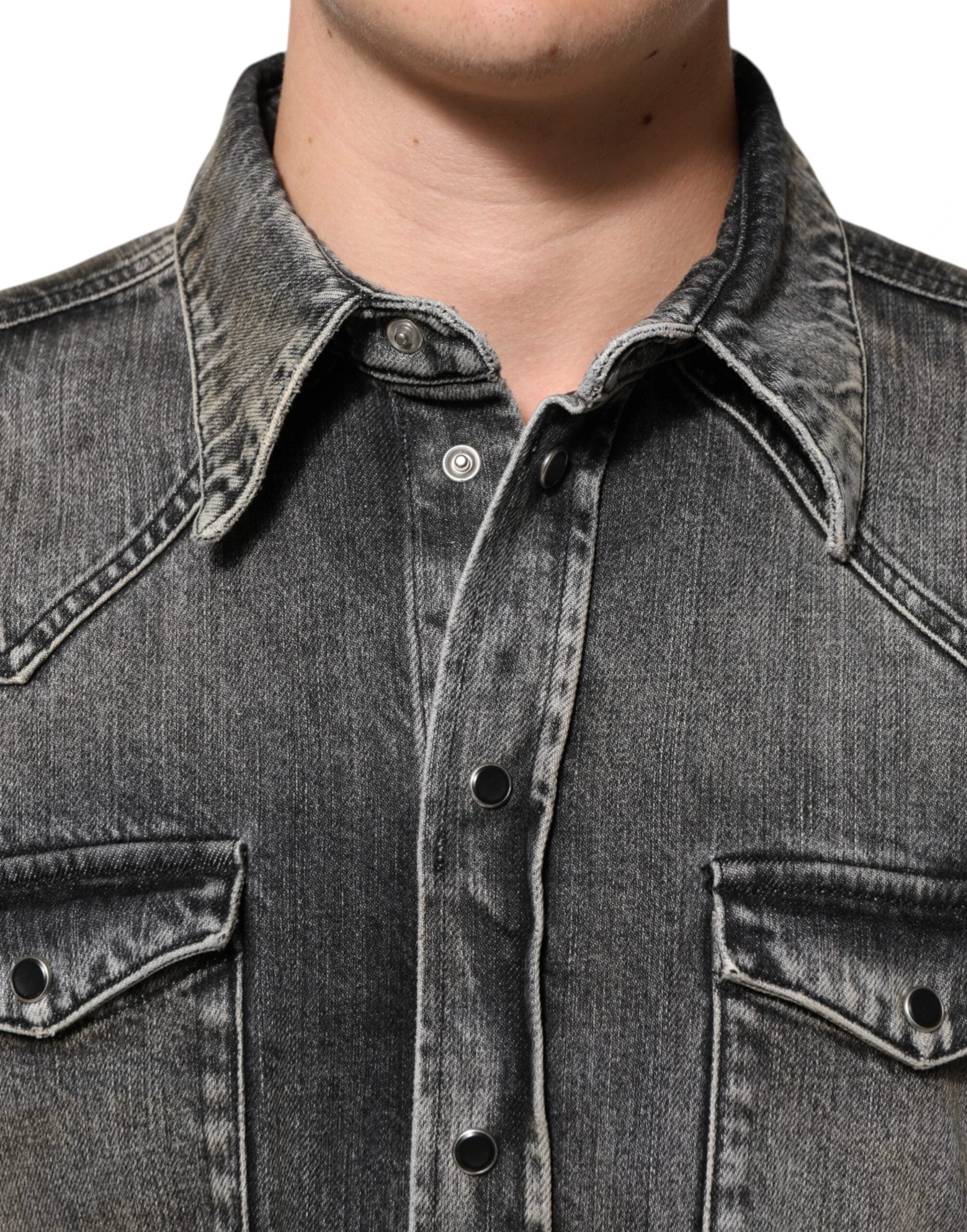 Dolce & Gabbana Black Washed Cotton Snap Long Sleeve Casual Shirt by Dolce & Gabbana