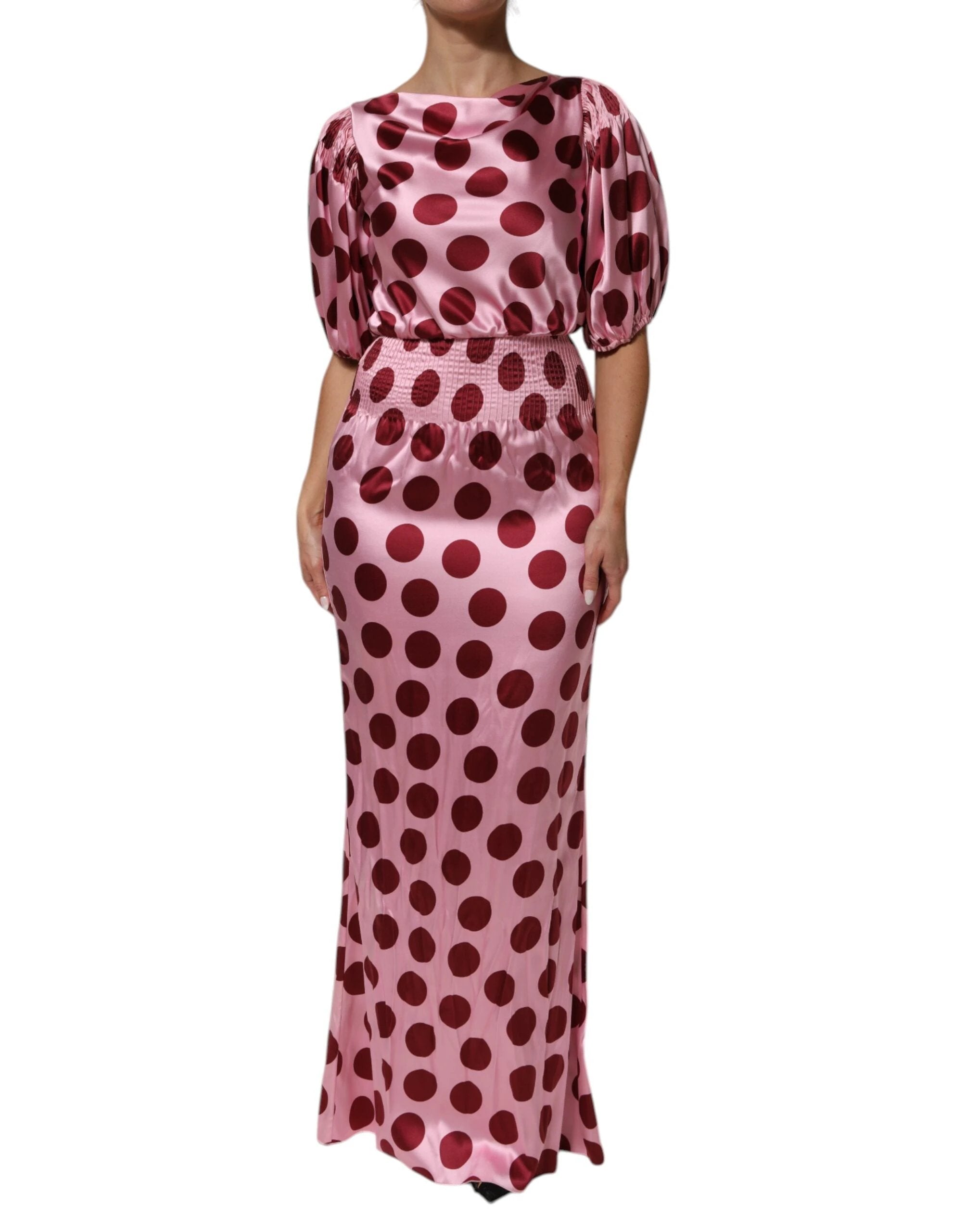 Dolce & Gabbana Pink Red Polka Dot Silk Satin Maxi Gown Dress by Dolce & Gabbana