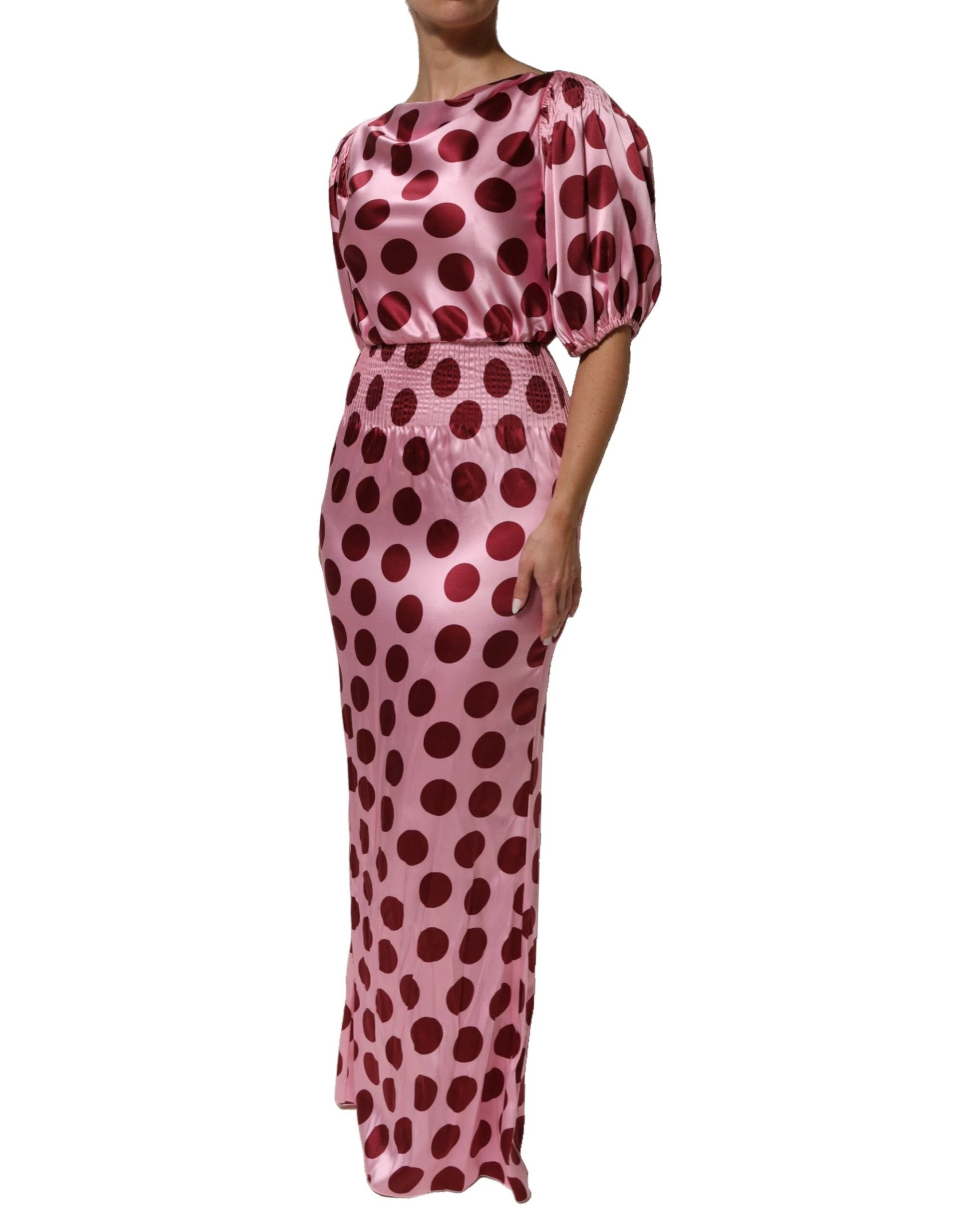 Dolce & Gabbana Pink Red Polka Dot Silk Satin Maxi Gown Dress by Dolce & Gabbana