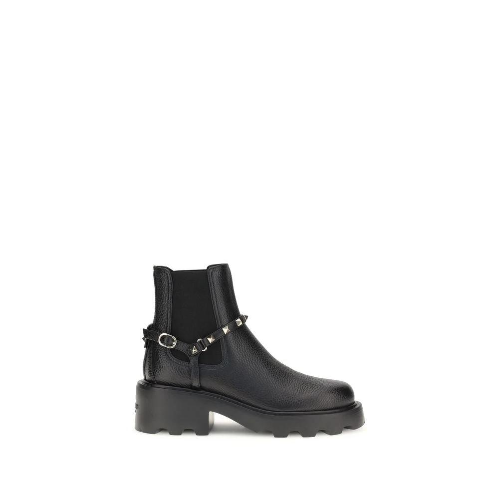 Valentino Garavani Black Calf Leather Bos Taurus Ankle Boots by Valentino Garavani