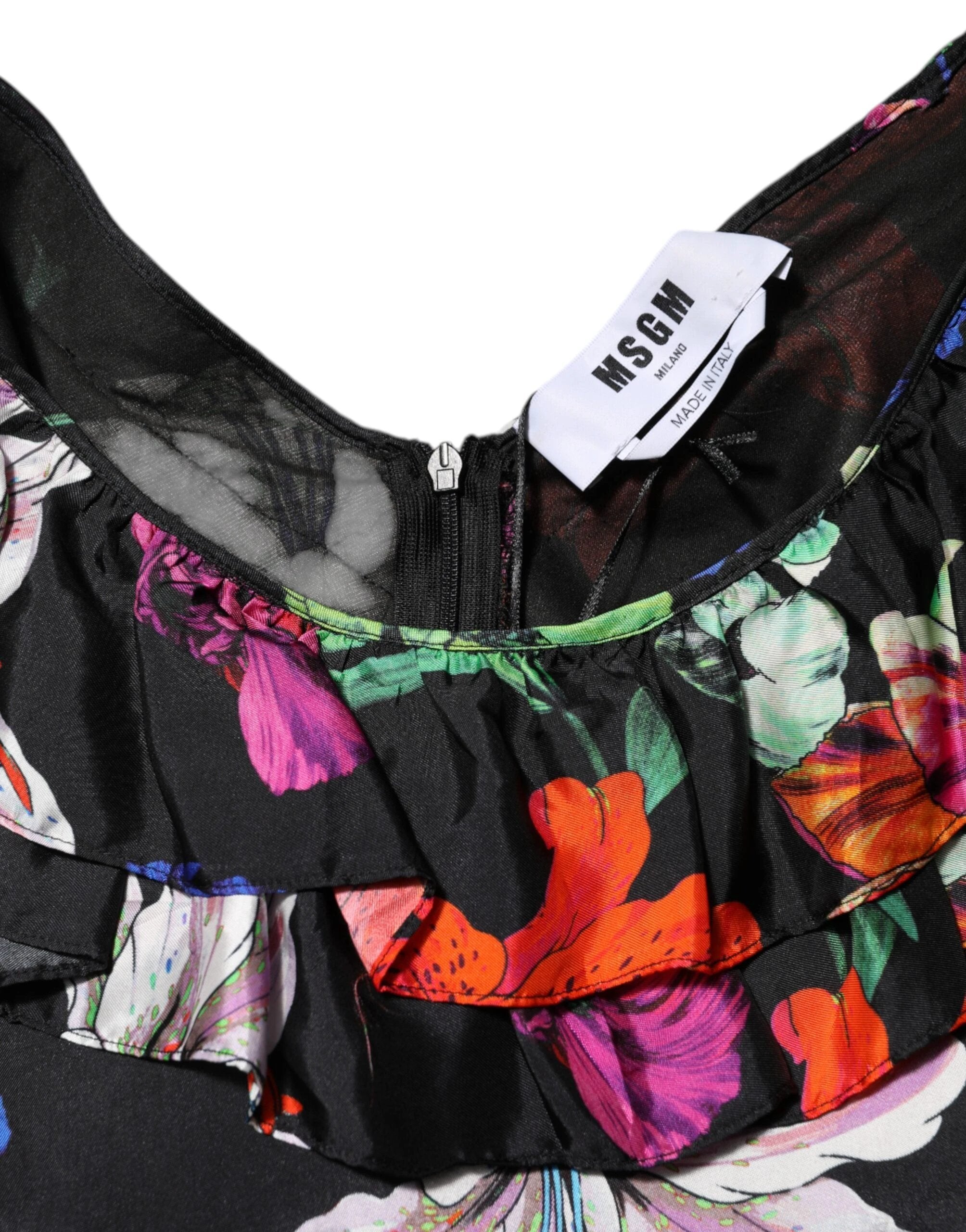 MSGM Dress Black Multicolor Floral Ruffle Long Sleeve Mini Dress by MSGM