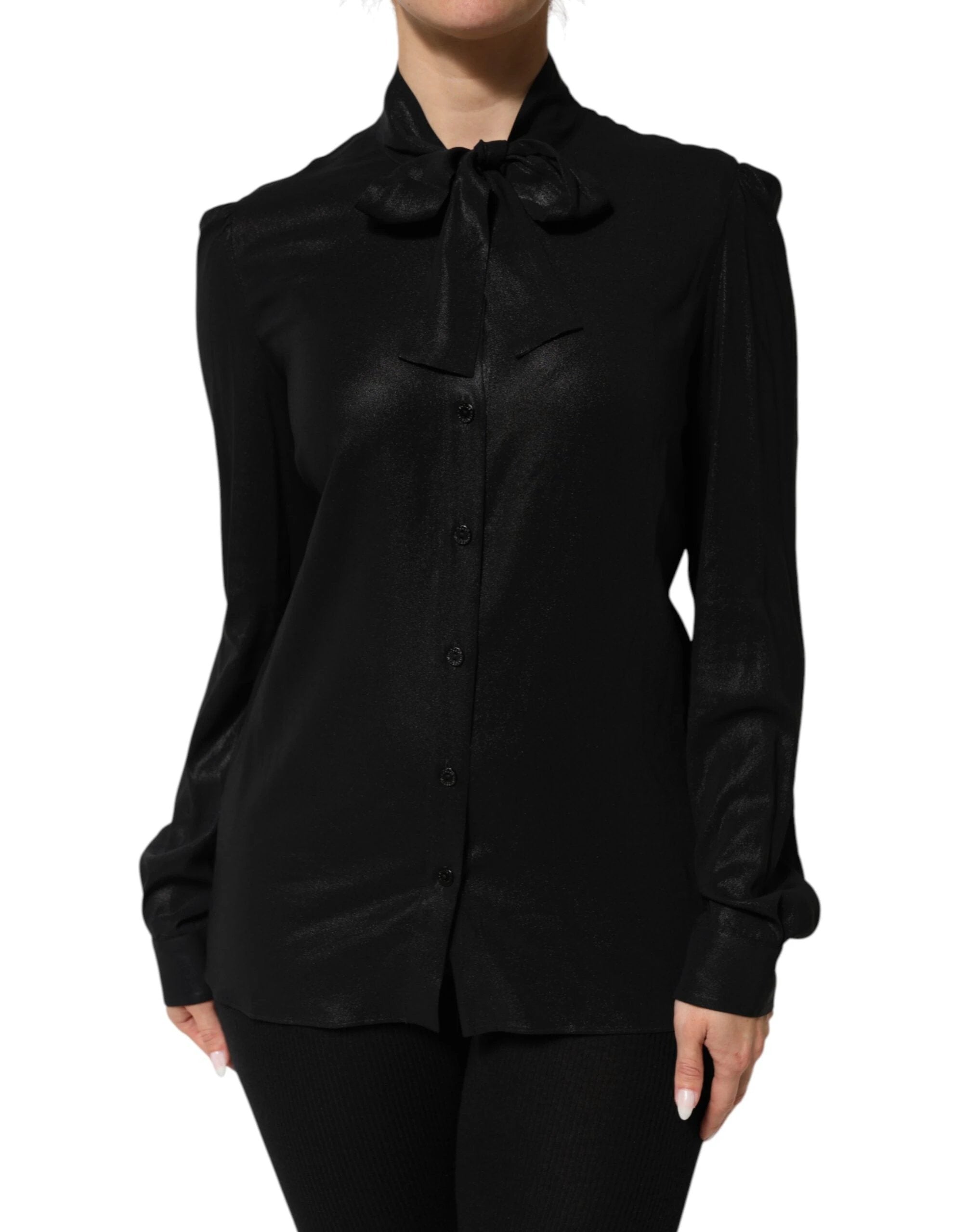 Dolce & Gabbana Black Viscose Long Sleeve Tie Neck Blouse Top by Dolce & Gabbana