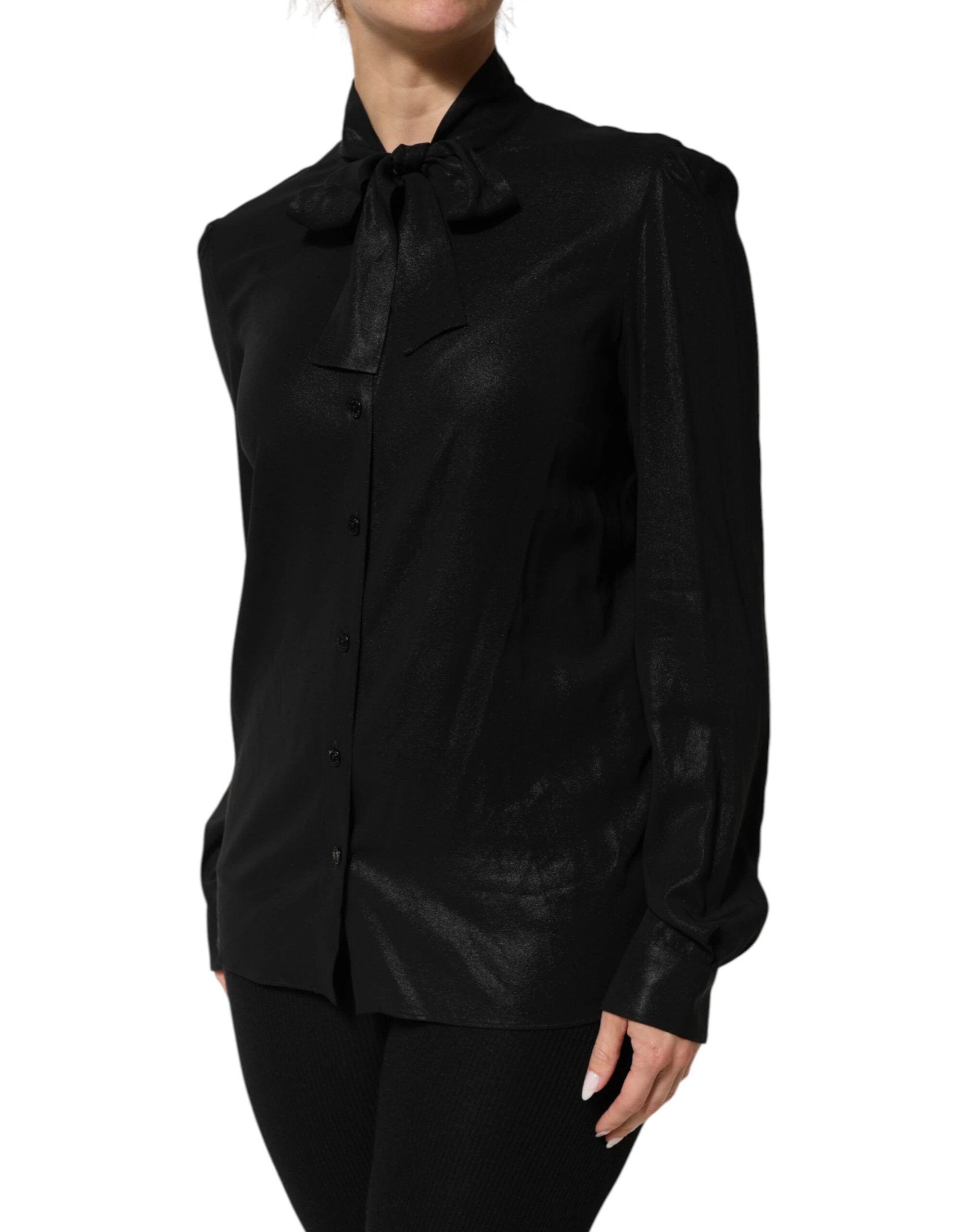 Dolce & Gabbana Black Viscose Long Sleeve Tie Neck Blouse Top by Dolce & Gabbana