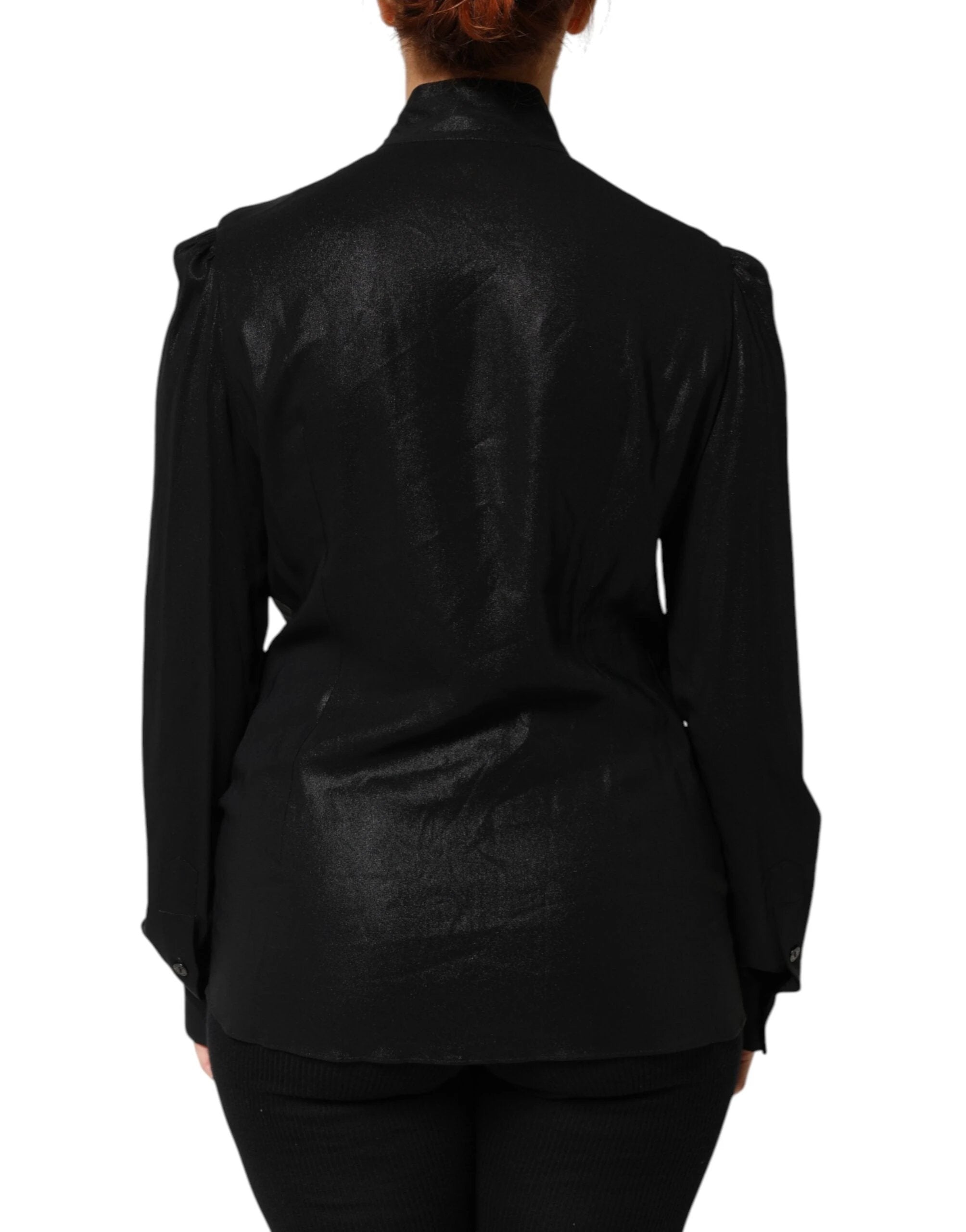 Dolce & Gabbana Black Viscose Long Sleeve Tie Neck Blouse Top by Dolce & Gabbana