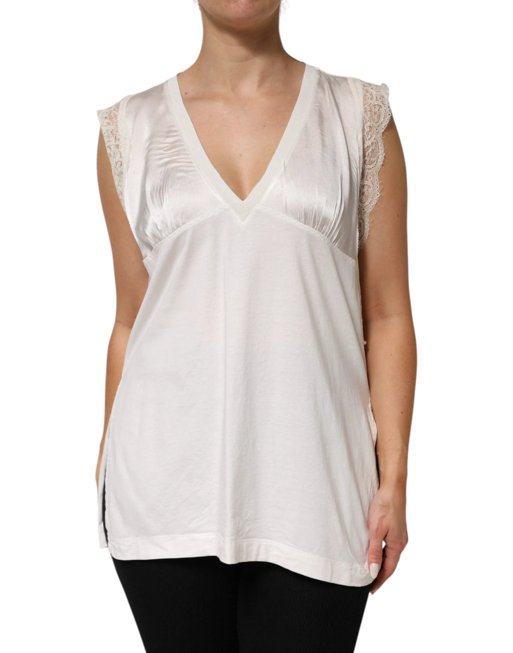 PINKO White Silk Blend Lace Trim Sleeveless V-Neck Women’s Top by PINKO
