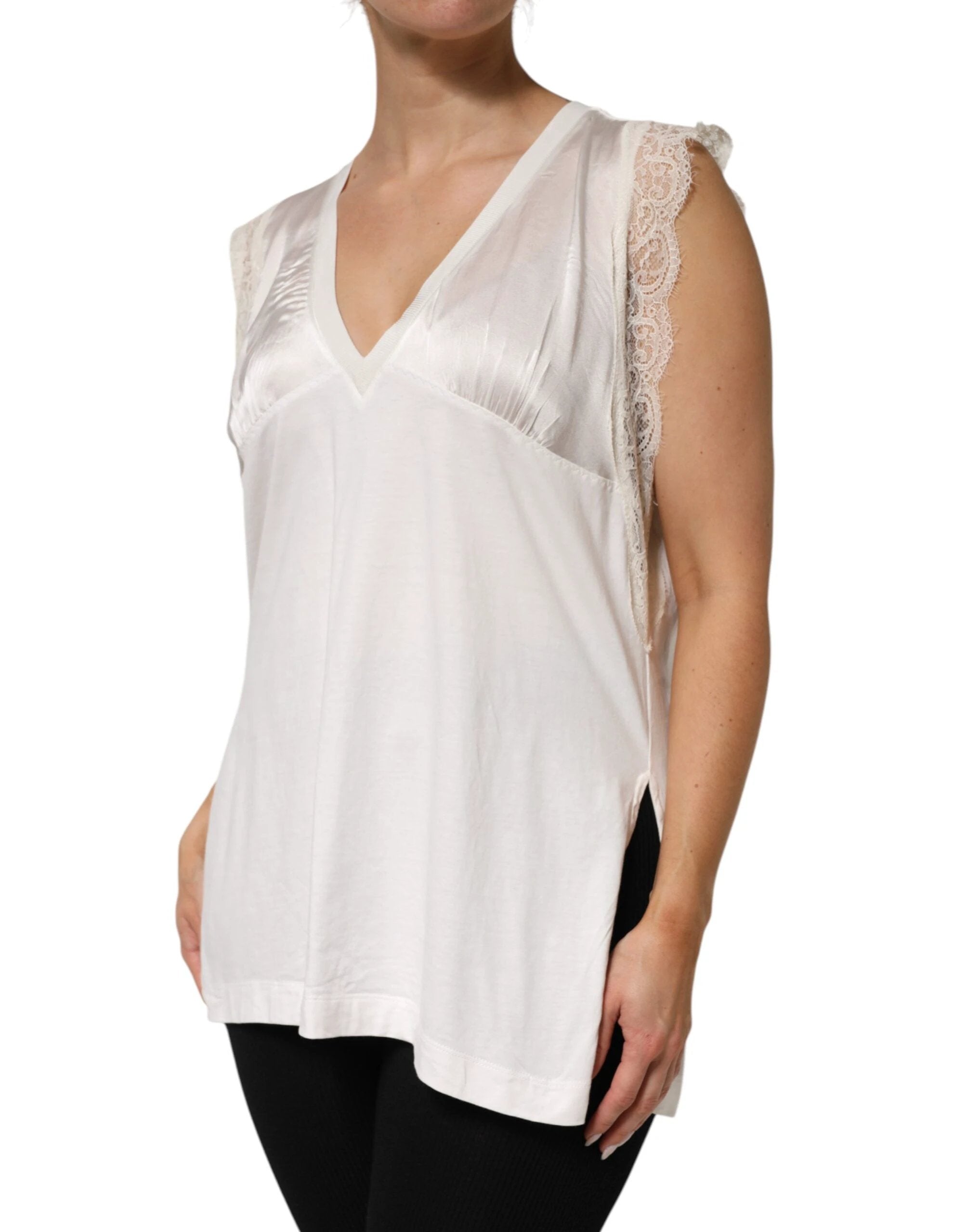 PINKO White Silk Blend Lace Trim Sleeveless V-Neck Women’s Top by PINKO