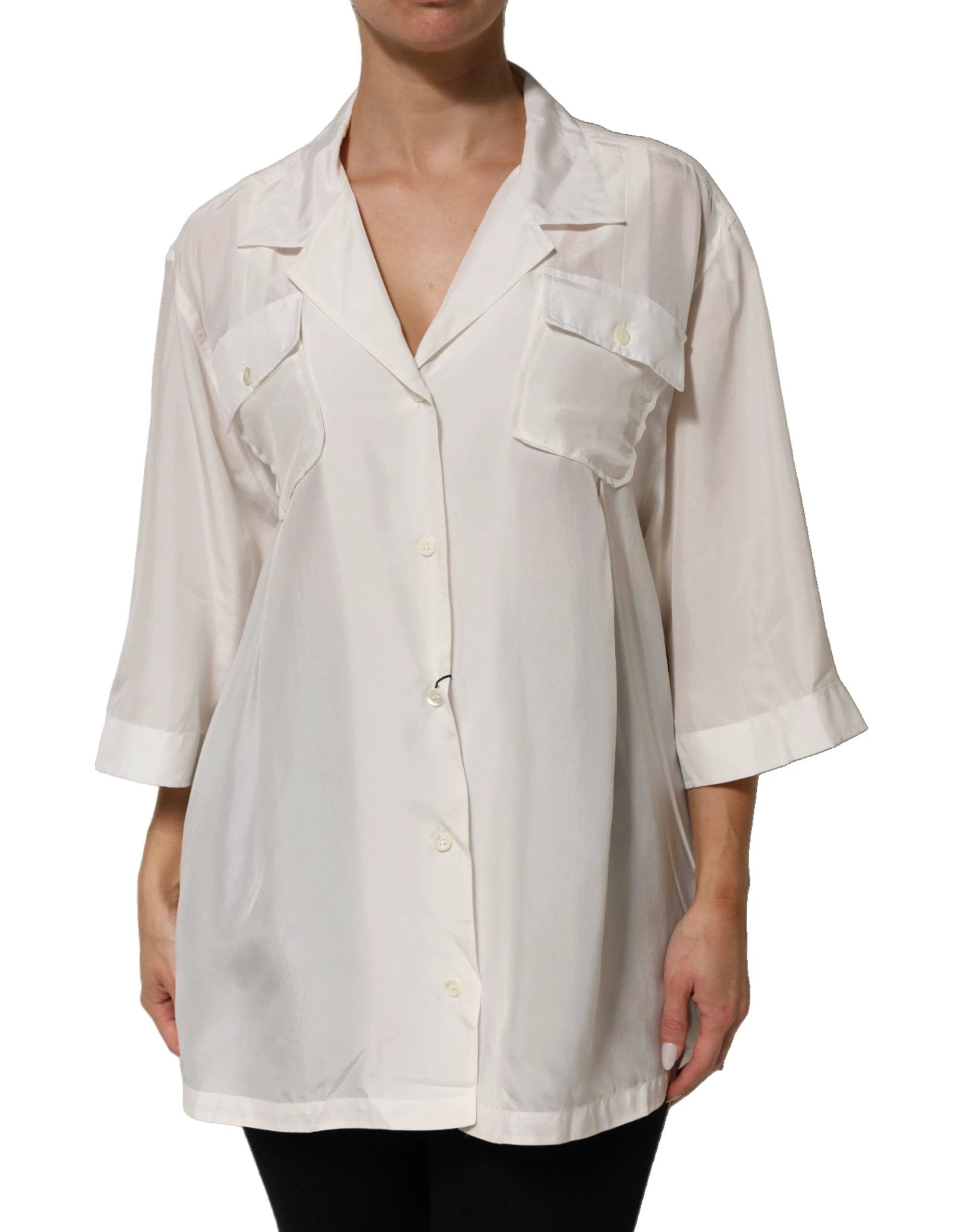 Dolce & Gabbana White Silk Collared 3/4 Sleeves Blouse Top by Dolce & Gabbana