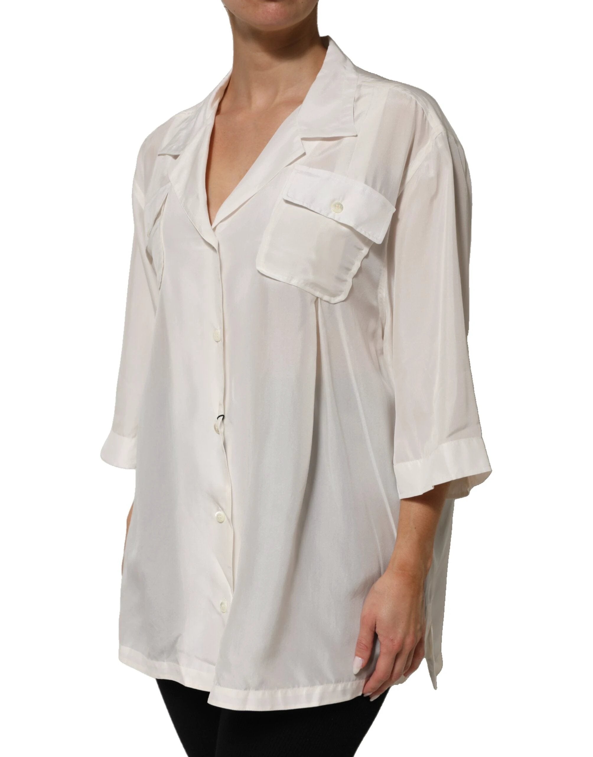 Dolce & Gabbana White Silk Collared 3/4 Sleeves Blouse Top by Dolce & Gabbana