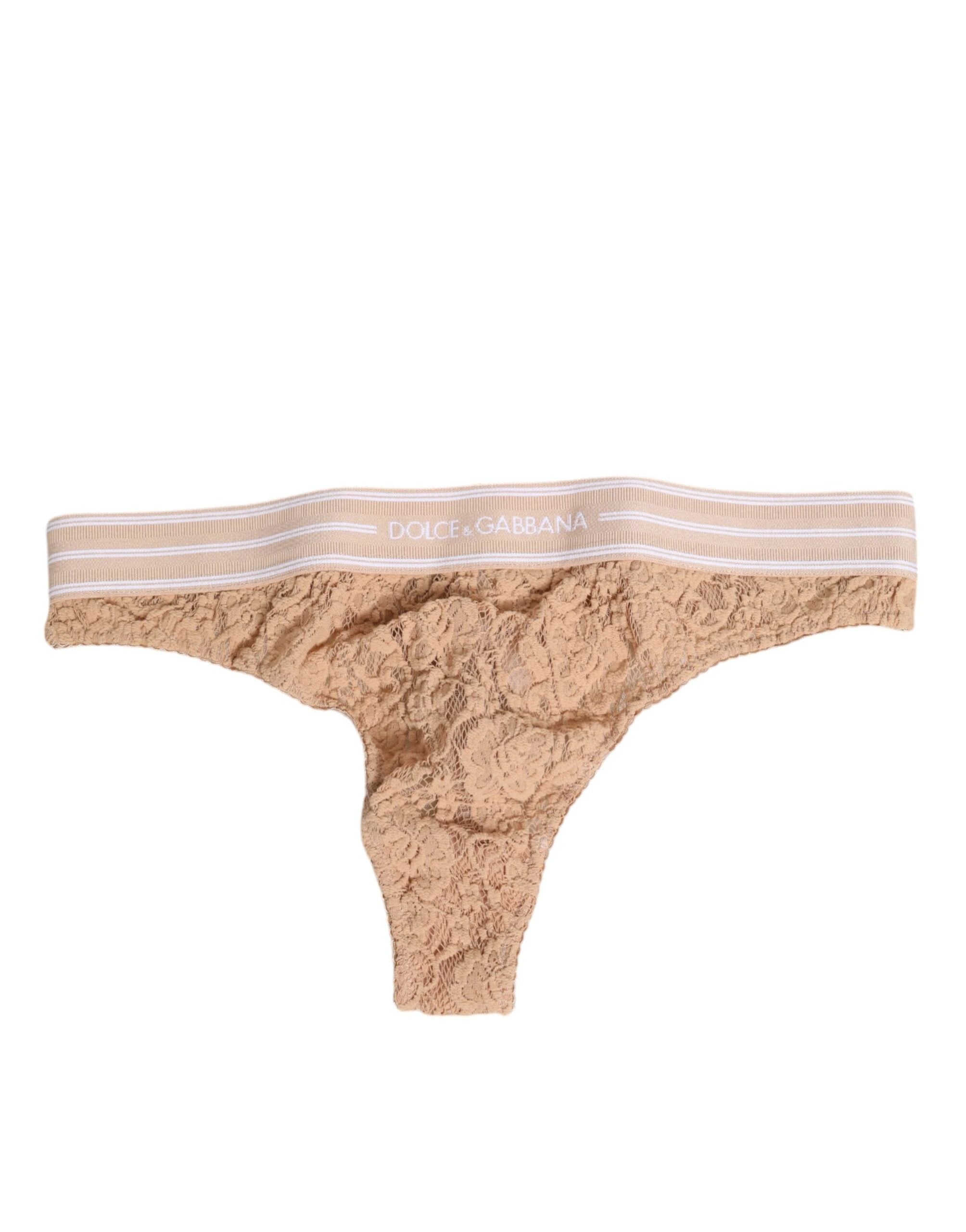 Dolce & Gabbana Beige Lace Logo Elastic Waist Thong Tanga Underwear by Dolce & Gabbana