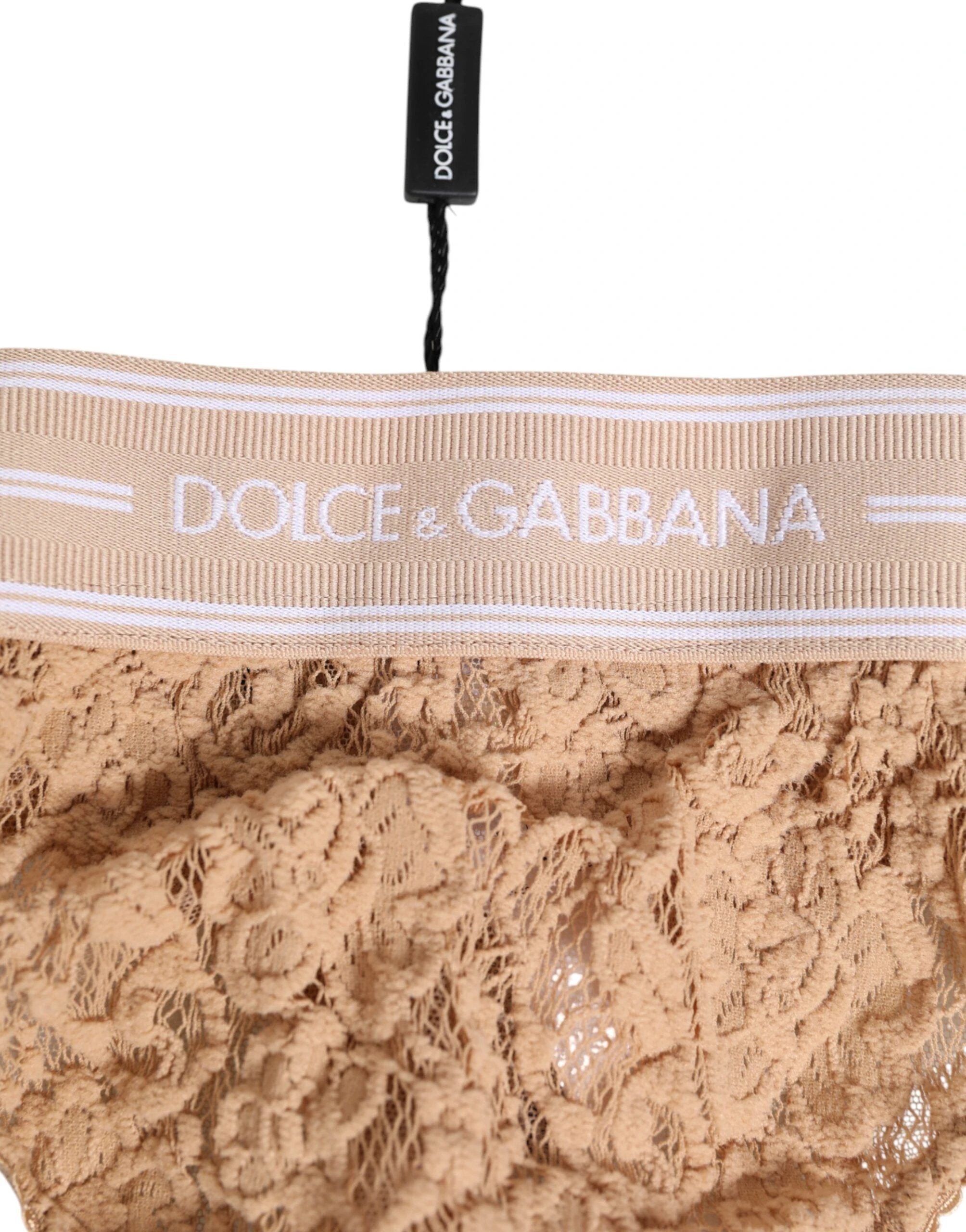 Dolce & Gabbana Beige Lace Logo Elastic Waist Thong Tanga Underwear by Dolce & Gabbana