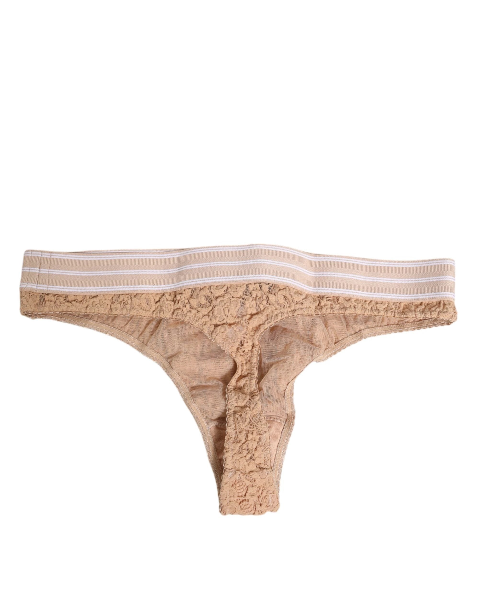 Dolce & Gabbana Beige Lace Logo Elastic Waist Thong Tanga Underwear by Dolce & Gabbana