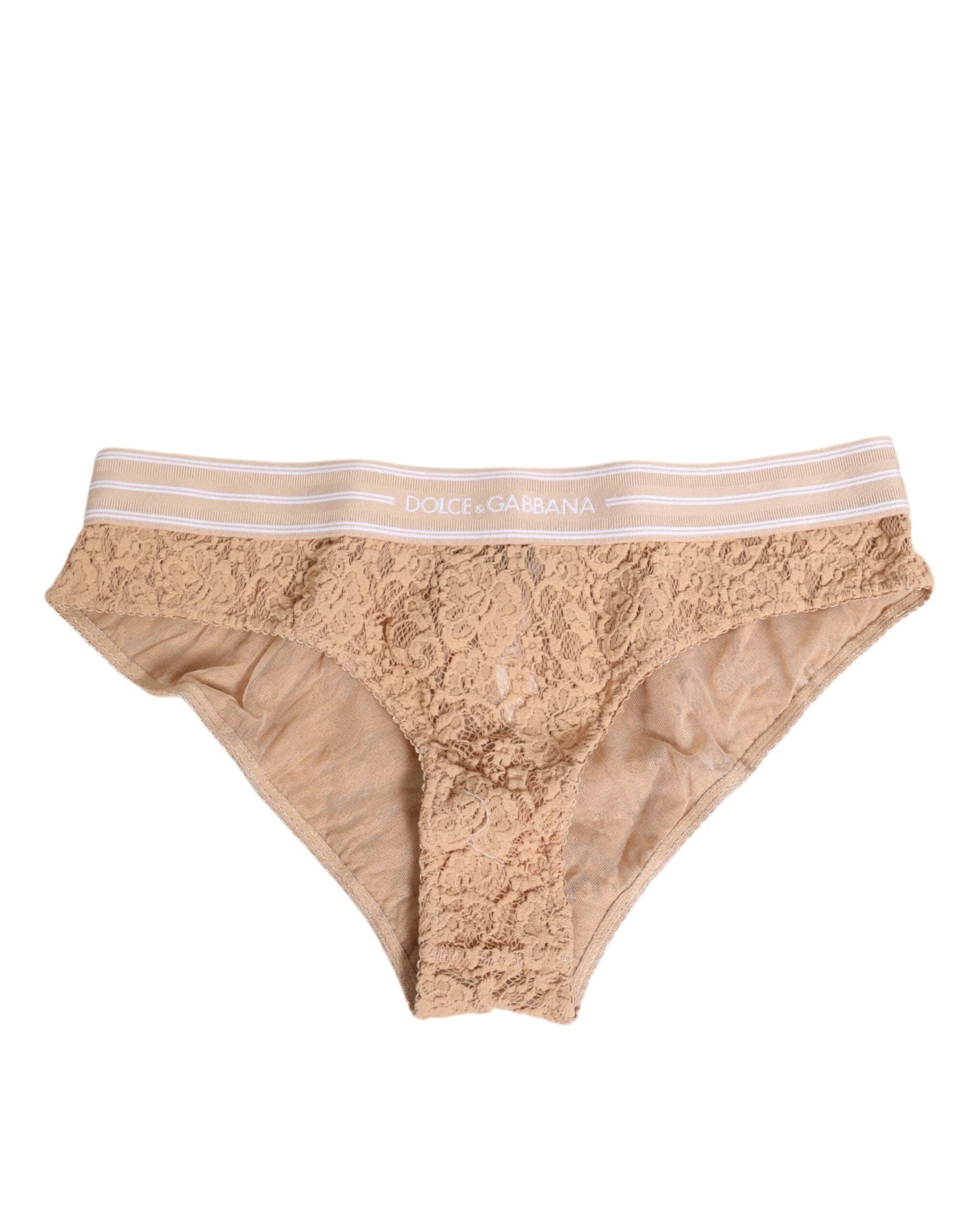 Dolce & Gabbana Beige Lace Brasiliano Briefs Logo Waistband Underwear by Dolce & Gabbana
