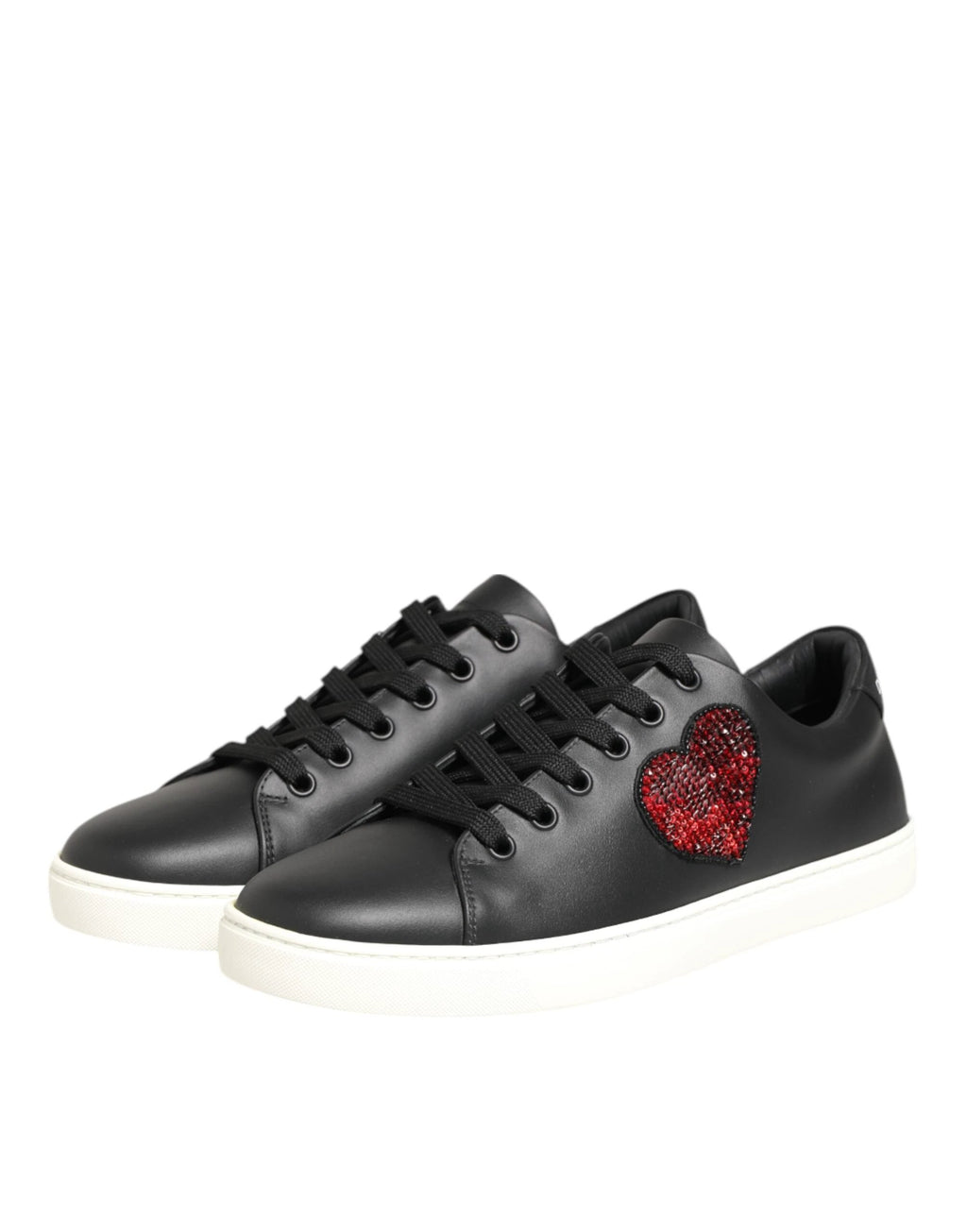 Dolce & Gabbana Black White Leather Crystal Heart Sneakers Shoes by Dolce & Gabbana