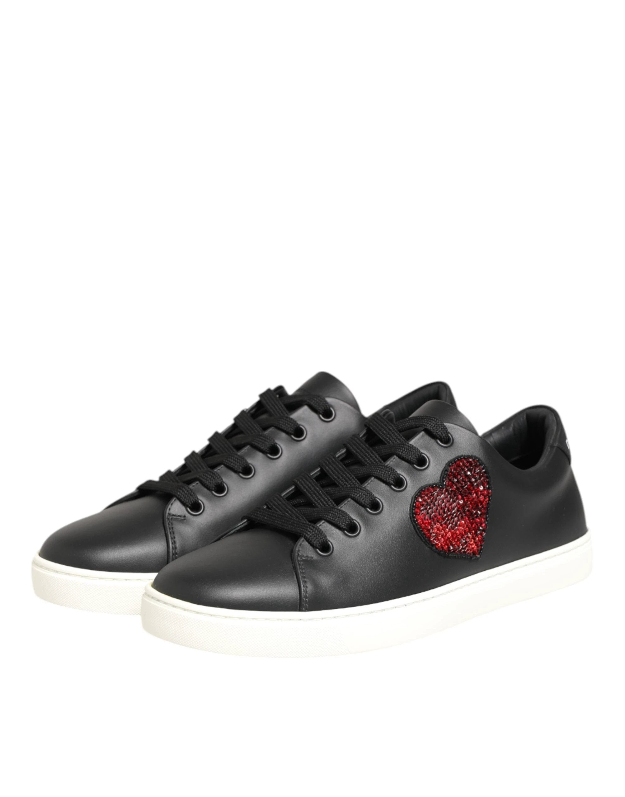 Dolce & Gabbana Black White Leather Crystal Heart Sneakers Shoes by Dolce & Gabbana