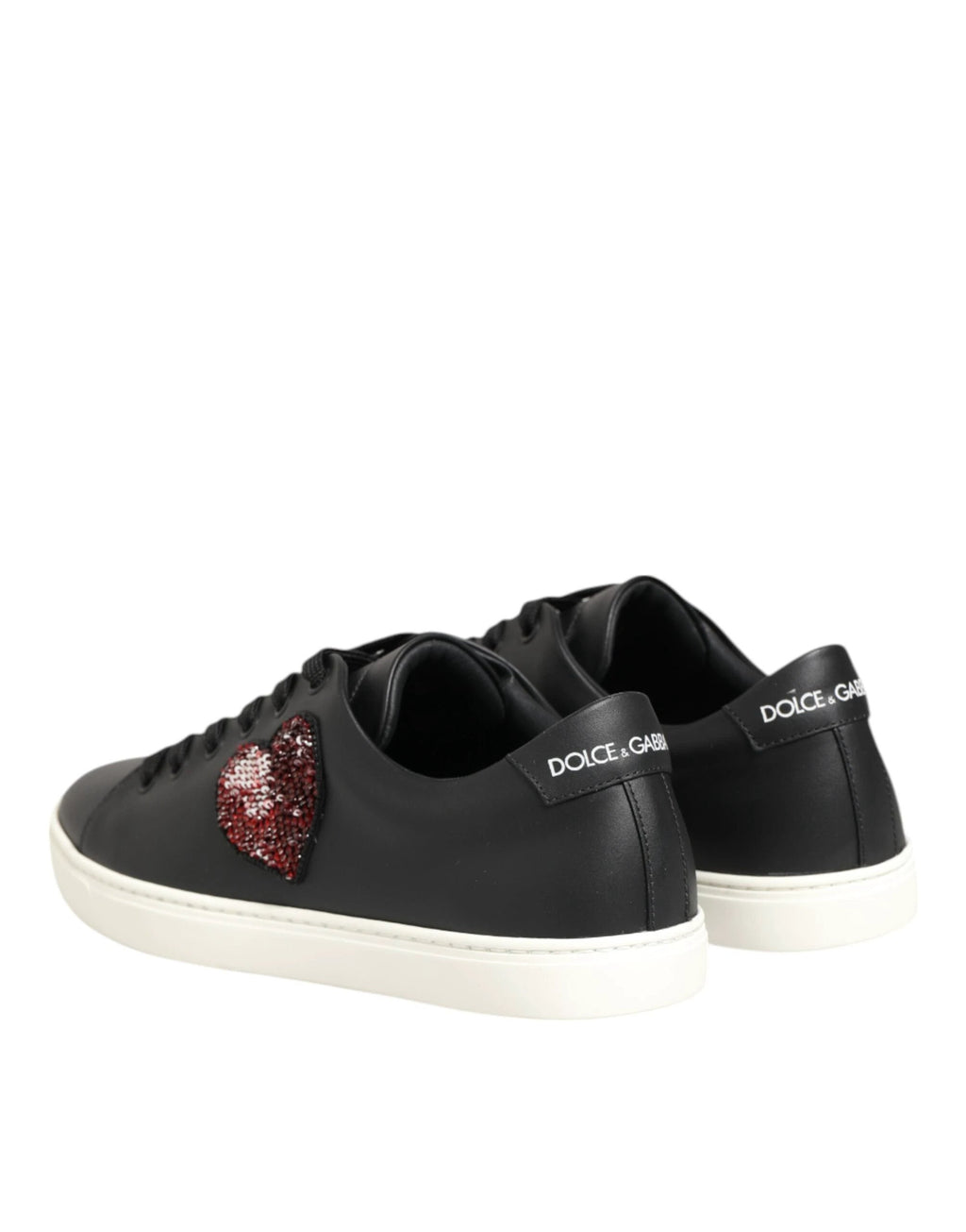 Dolce & Gabbana Black White Leather Crystal Heart Sneakers Shoes by Dolce & Gabbana