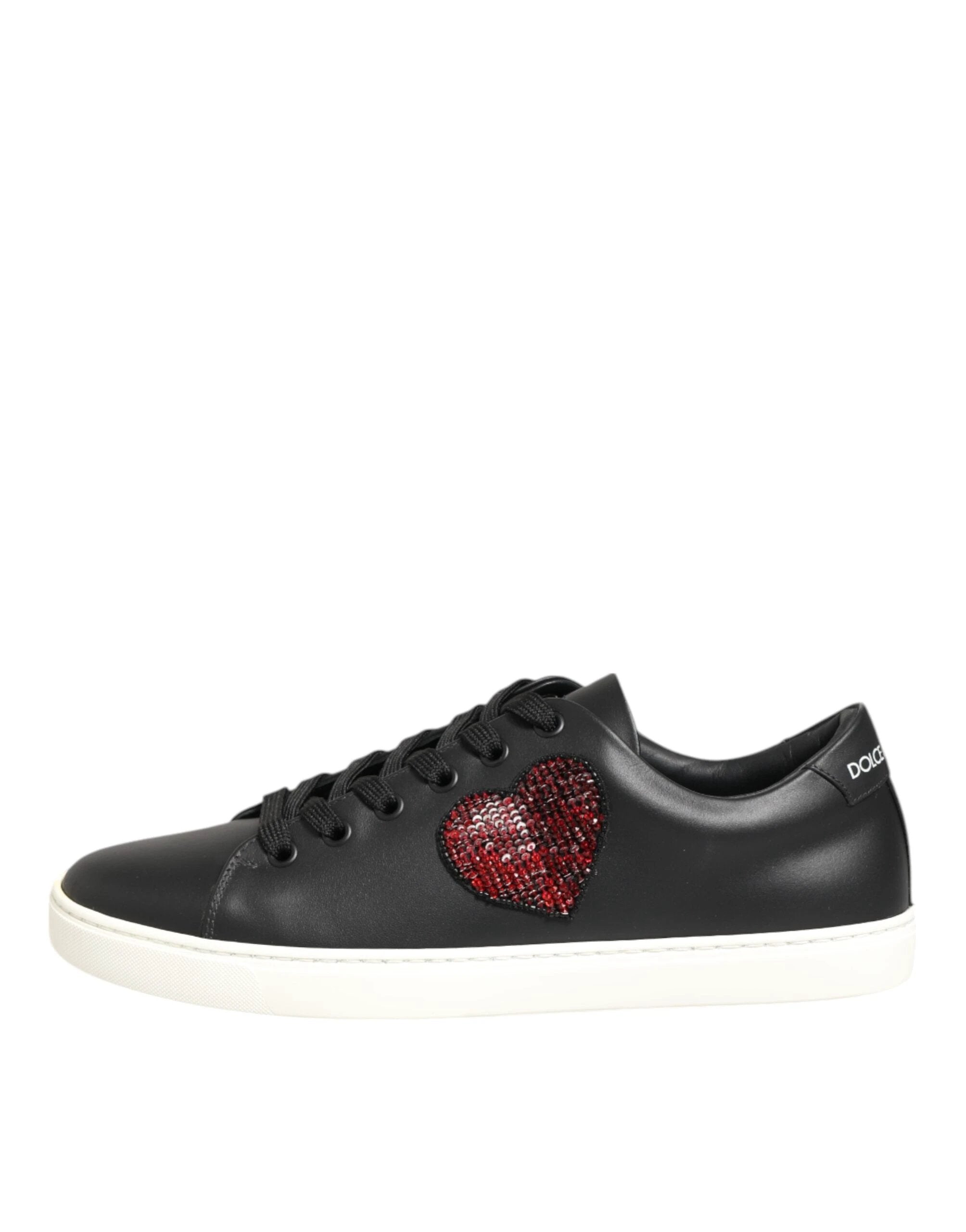 Dolce & Gabbana Black White Leather Crystal Heart Sneakers Shoes by Dolce & Gabbana