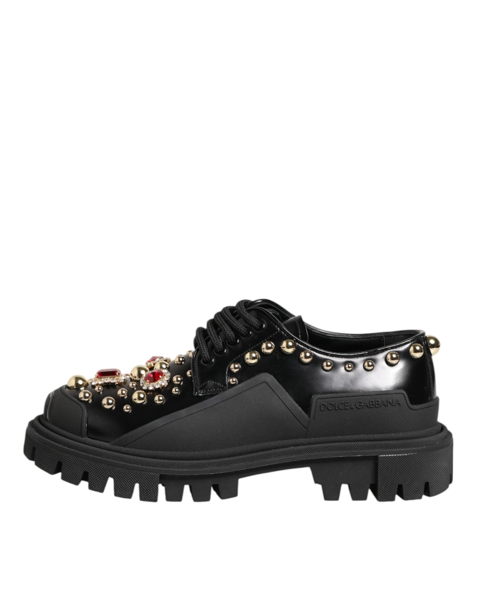 Dolce & Gabbana Black Leather Jeweled Crystals Derby Shoes by Dolce & Gabbana