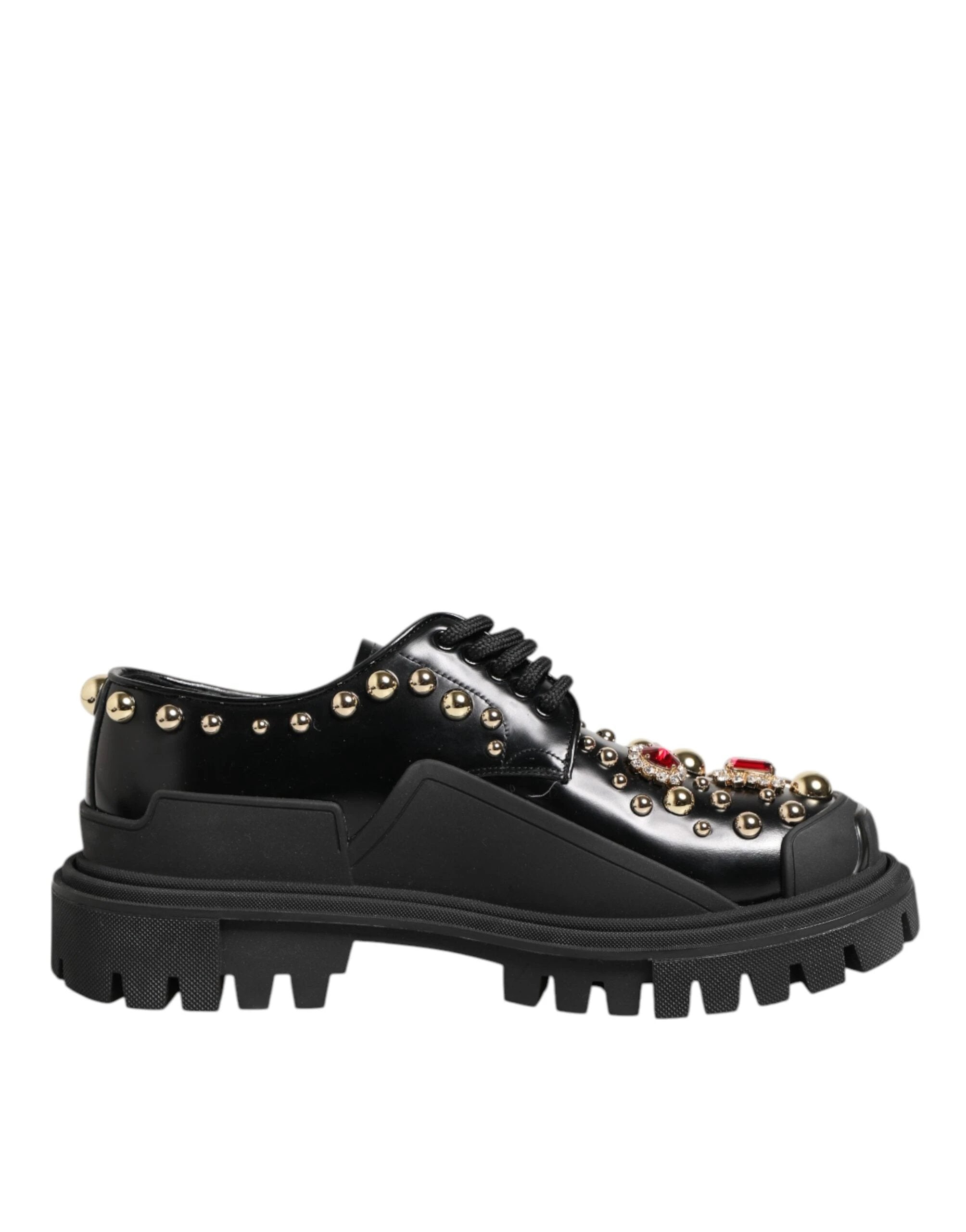 Dolce & Gabbana Black Leather Jeweled Crystals Derby Shoes by Dolce & Gabbana