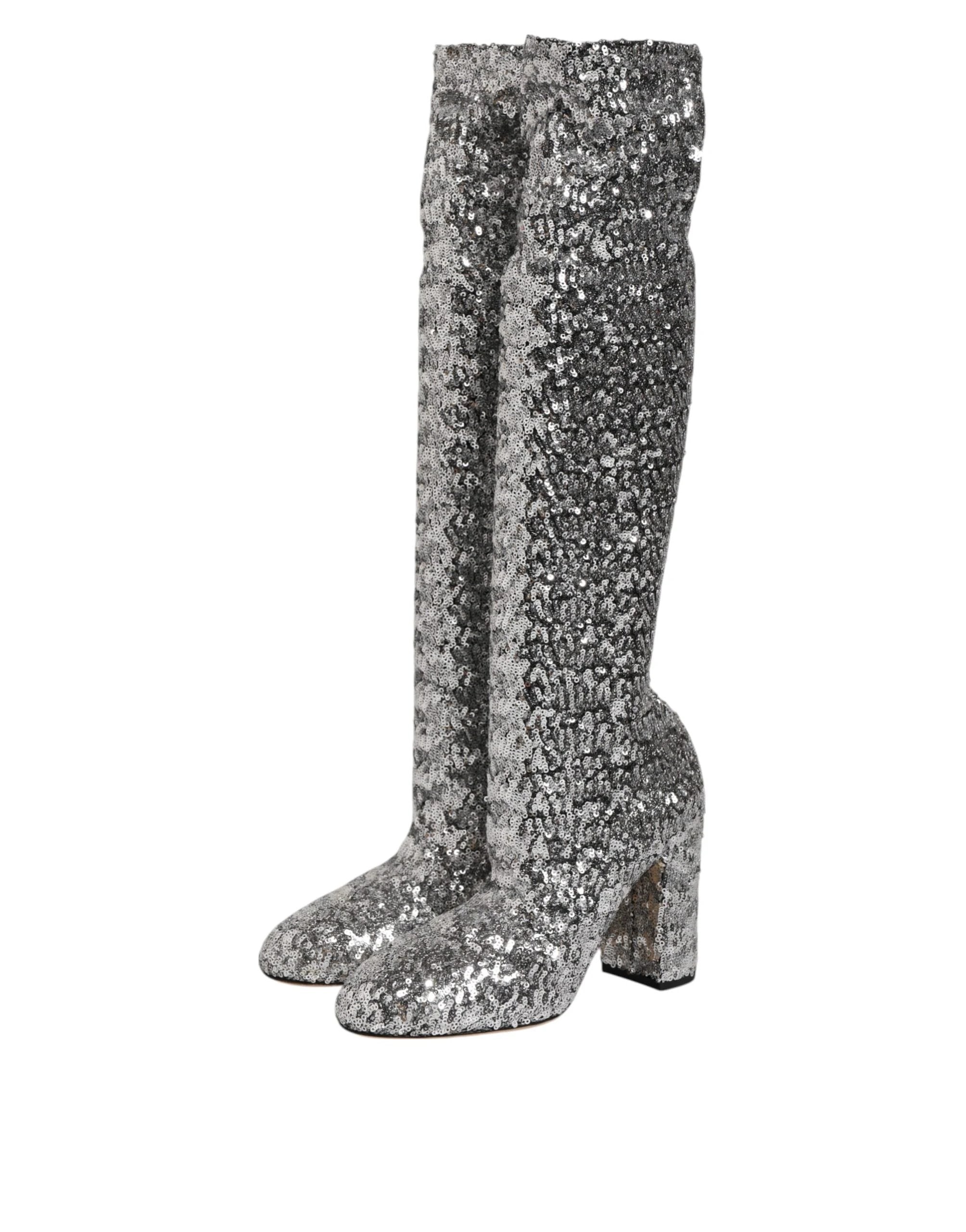 Dolce & Gabbana Shoes Silver Sequins Glitter High Heel Boot Shoes by Dolce & Gabbana