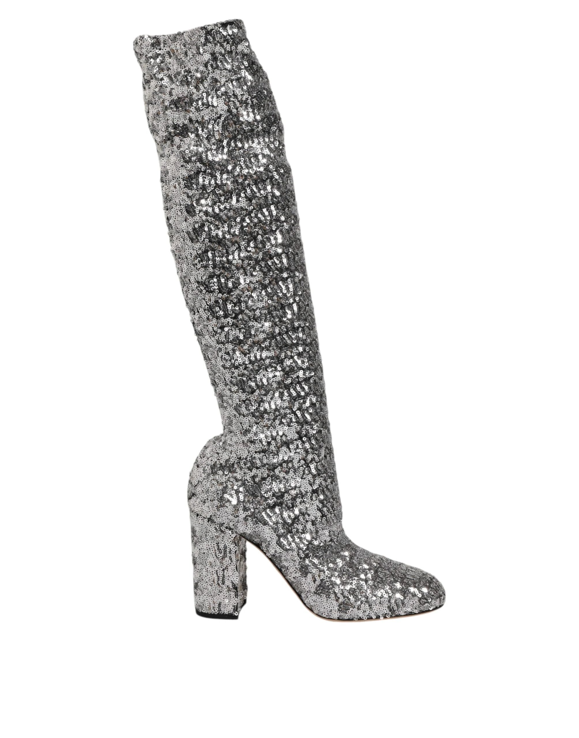 Dolce & Gabbana Shoes Silver Sequins Glitter High Heel Boot Shoes by Dolce & Gabbana