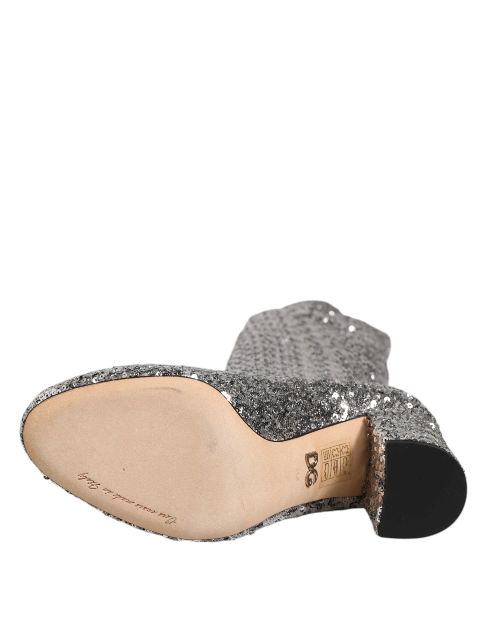 Dolce & Gabbana Shoes Silver Sequins Glitter High Heel Boot Shoes by Dolce & Gabbana