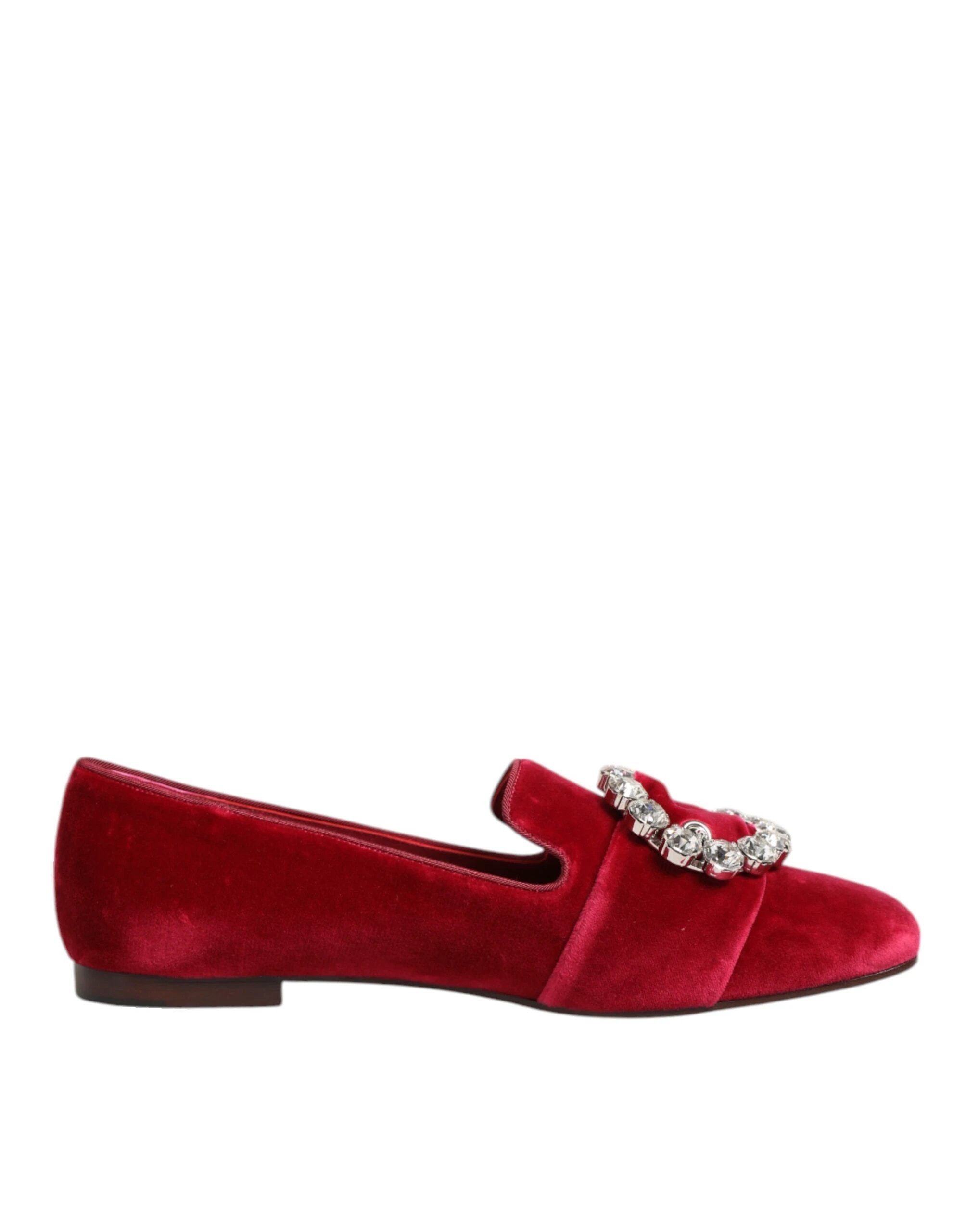 Dolce & Gabbana Red Velvet Crystal Buckle Loafers Flats Shoes by Dolce & Gabbana