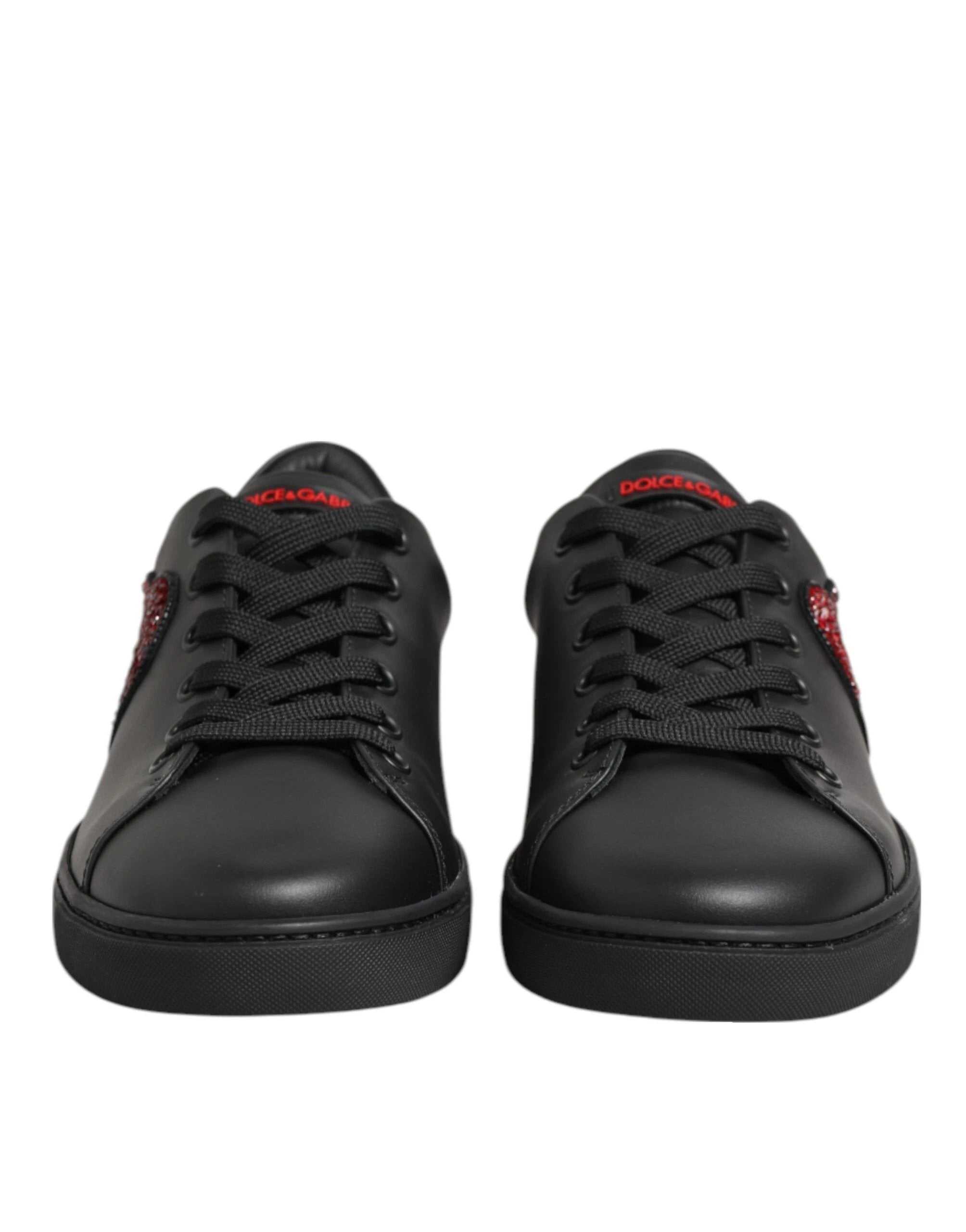 Dolce & Gabbana Black Leather Crystal Heart Low Top Sneakers Shoes by Dolce & Gabbana