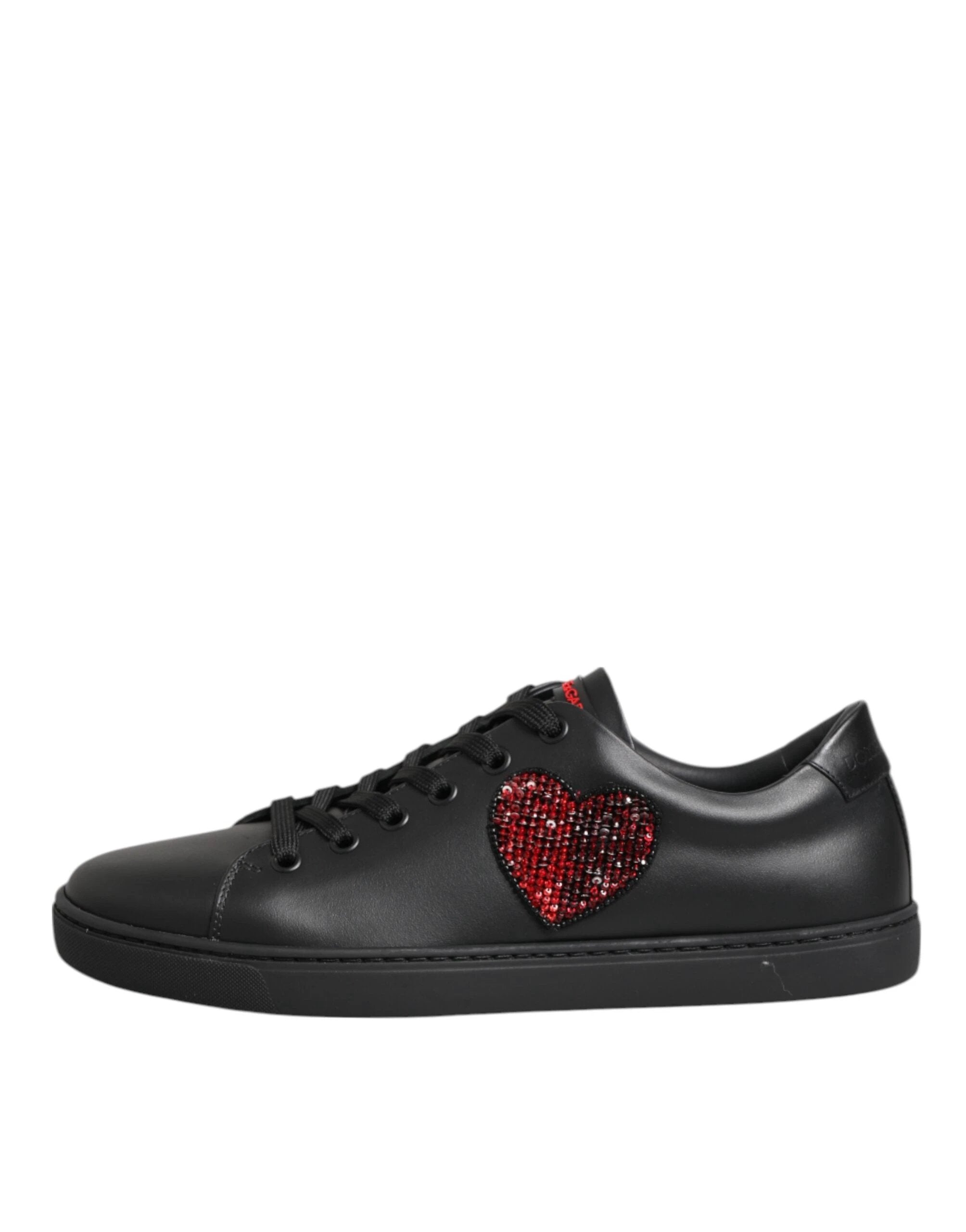 Dolce & Gabbana Black Leather Crystal Heart Low Top Sneakers Shoes by Dolce & Gabbana