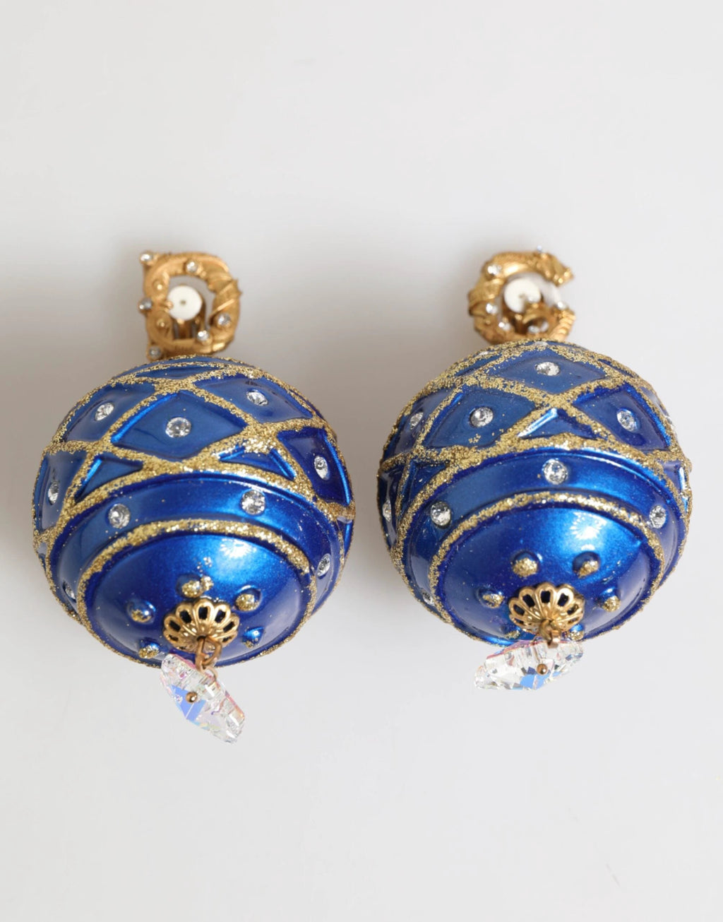Dolce & Gabbana Gold Brass Blue Christmas Ball Crystal Drop Clip On Earrings by Dolce & Gabbana