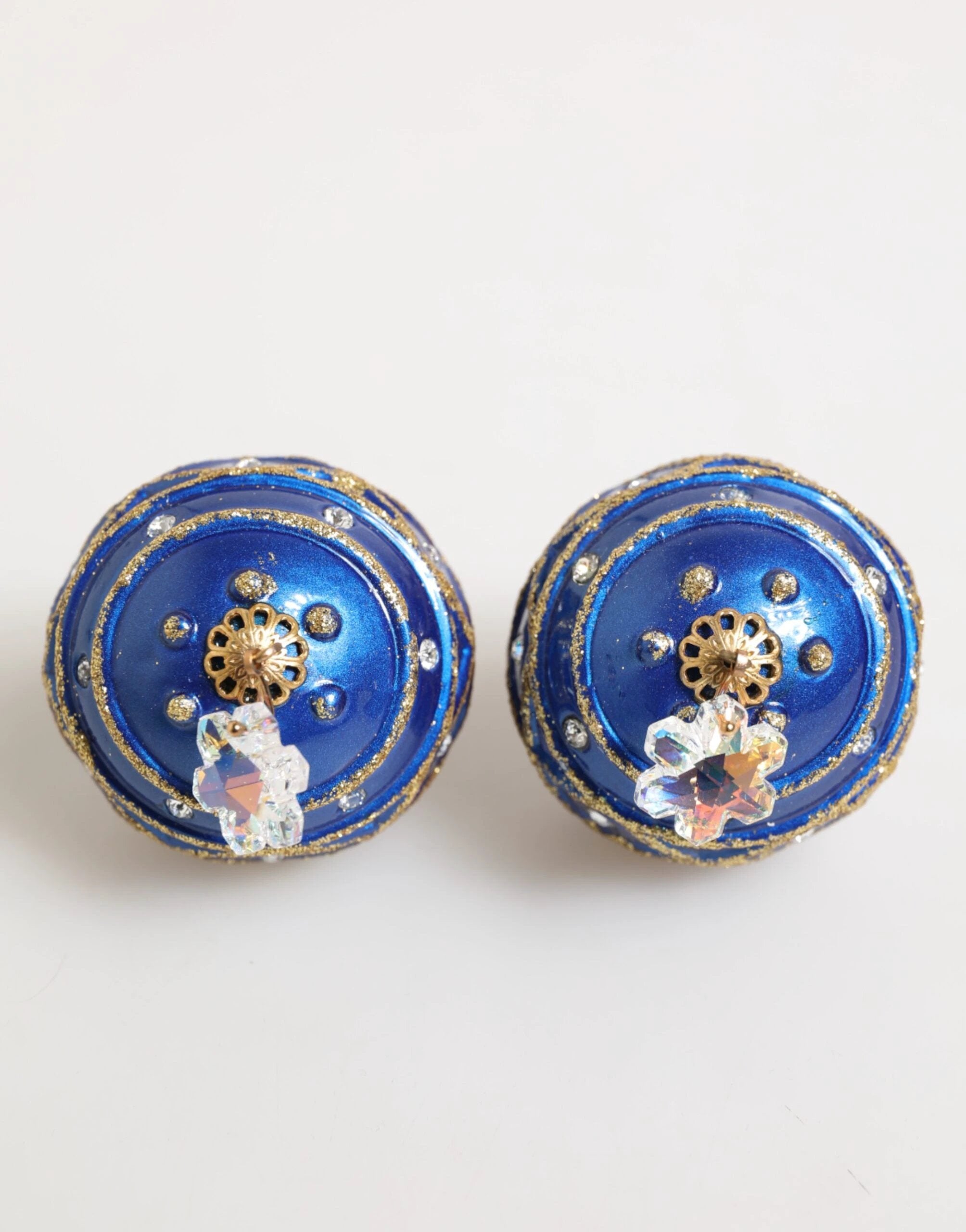 Dolce & Gabbana Gold Brass Blue Christmas Ball Crystal Drop Clip On Earrings by Dolce & Gabbana