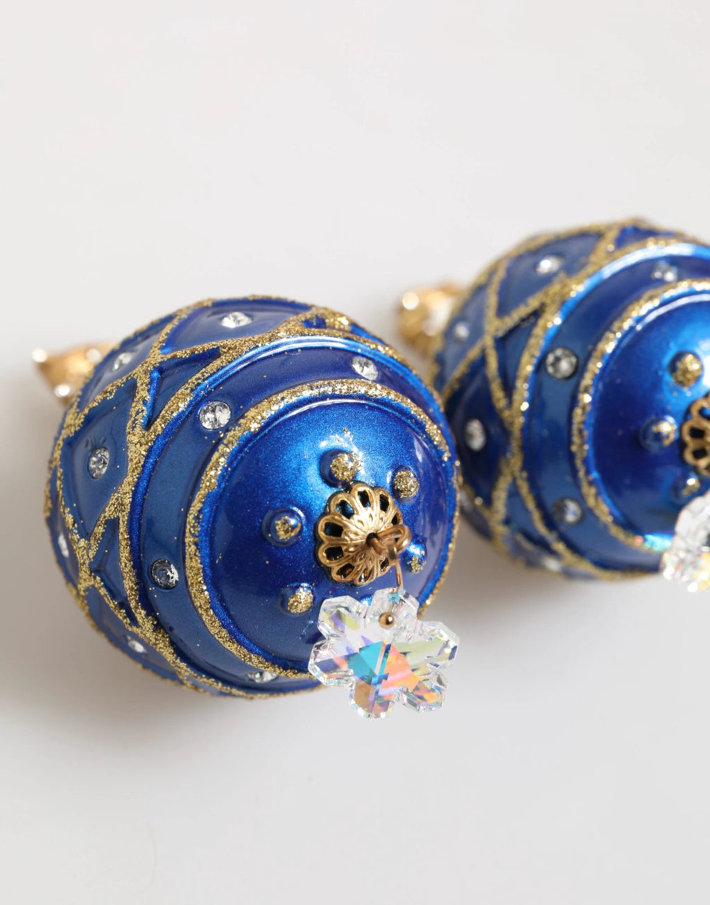 Dolce & Gabbana Gold Brass Blue Christmas Ball Crystal Drop Clip On Earrings by Dolce & Gabbana