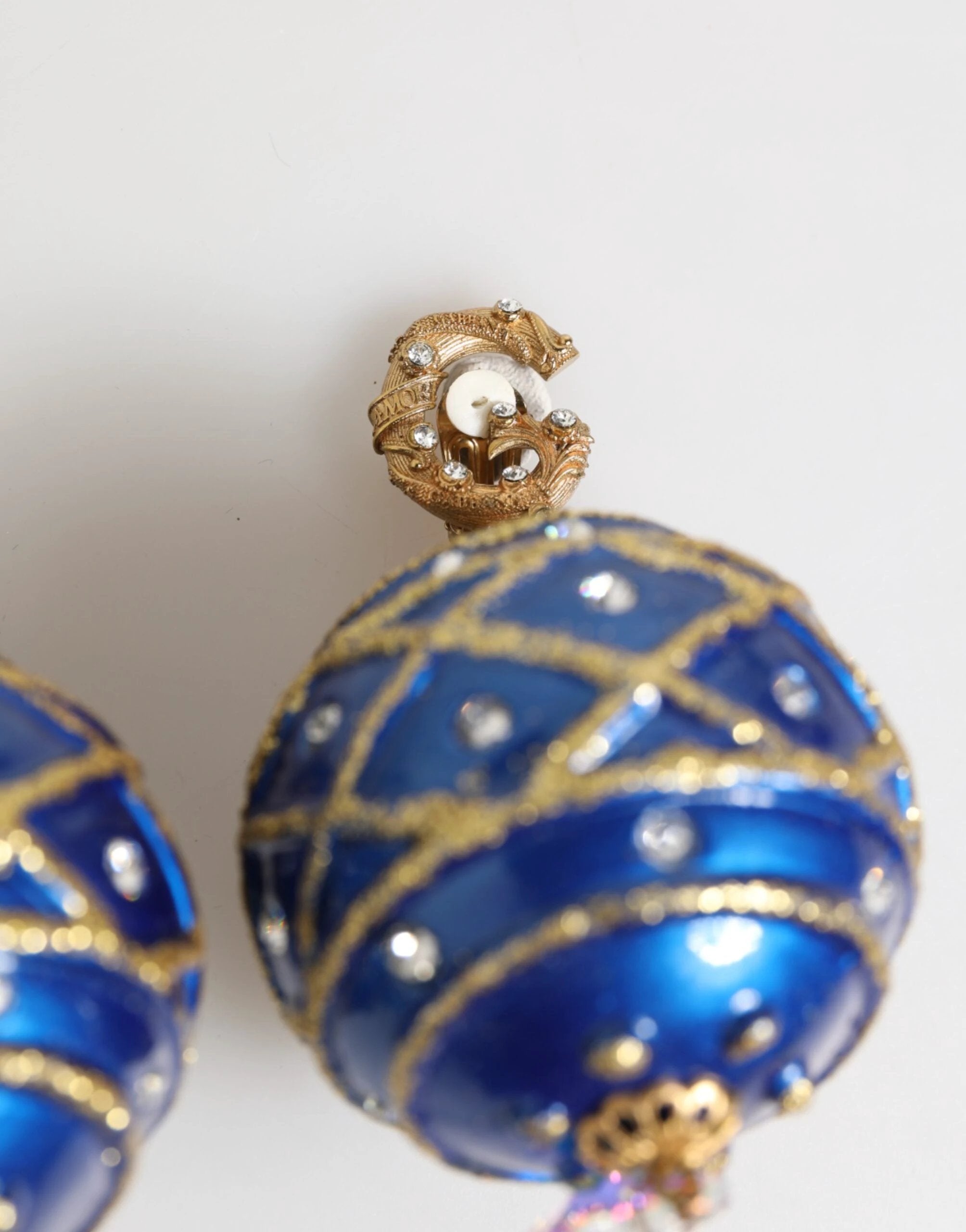 Dolce & Gabbana Gold Brass Blue Christmas Ball Crystal Drop Clip On Earrings by Dolce & Gabbana