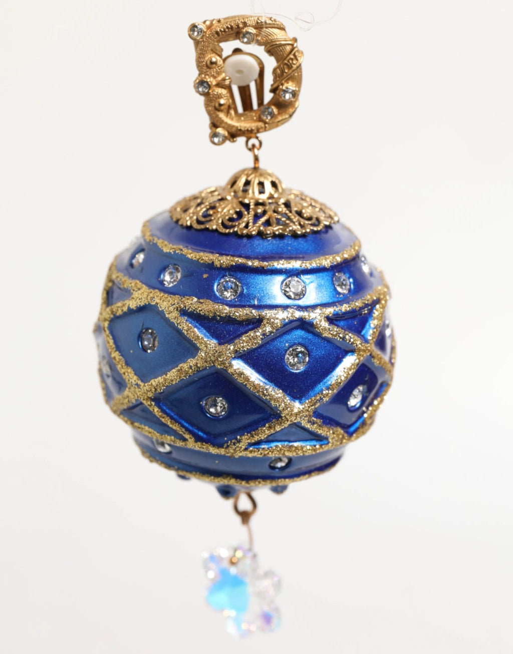 Dolce & Gabbana Gold Brass Blue Christmas Ball Crystal Drop Clip On Earrings by Dolce & Gabbana