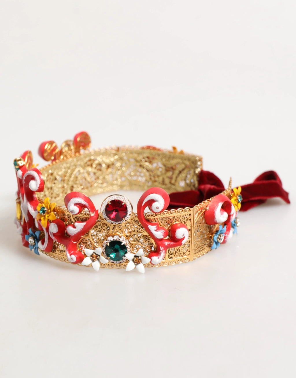 Dolce & Gabbana Red Carretto Multicolor Crystal Gold Tiara Crow Headband by Dolce & Gabbana