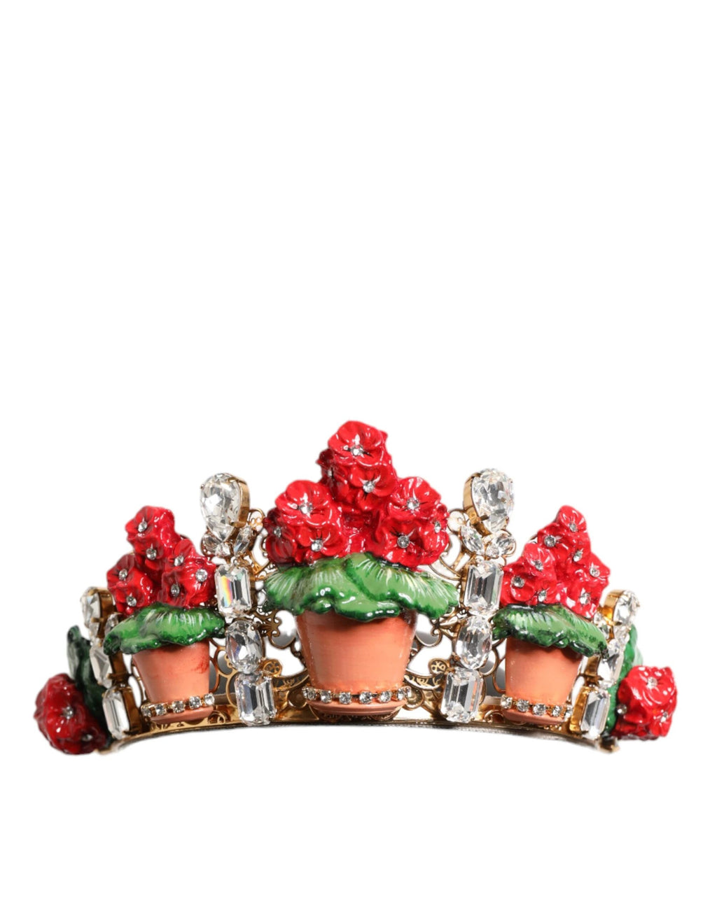 Dolce & Gabbana Red Floral Flowerpot Crystal Gold Crown Tiara Headband by Dolce & Gabbana