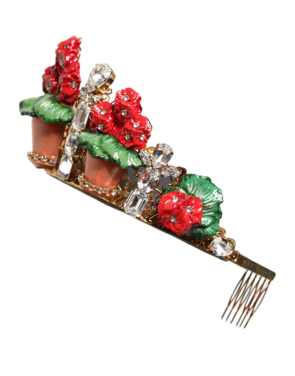 Dolce & Gabbana Red Floral Flowerpot Crystal Gold Crown Tiara Headband by Dolce & Gabbana