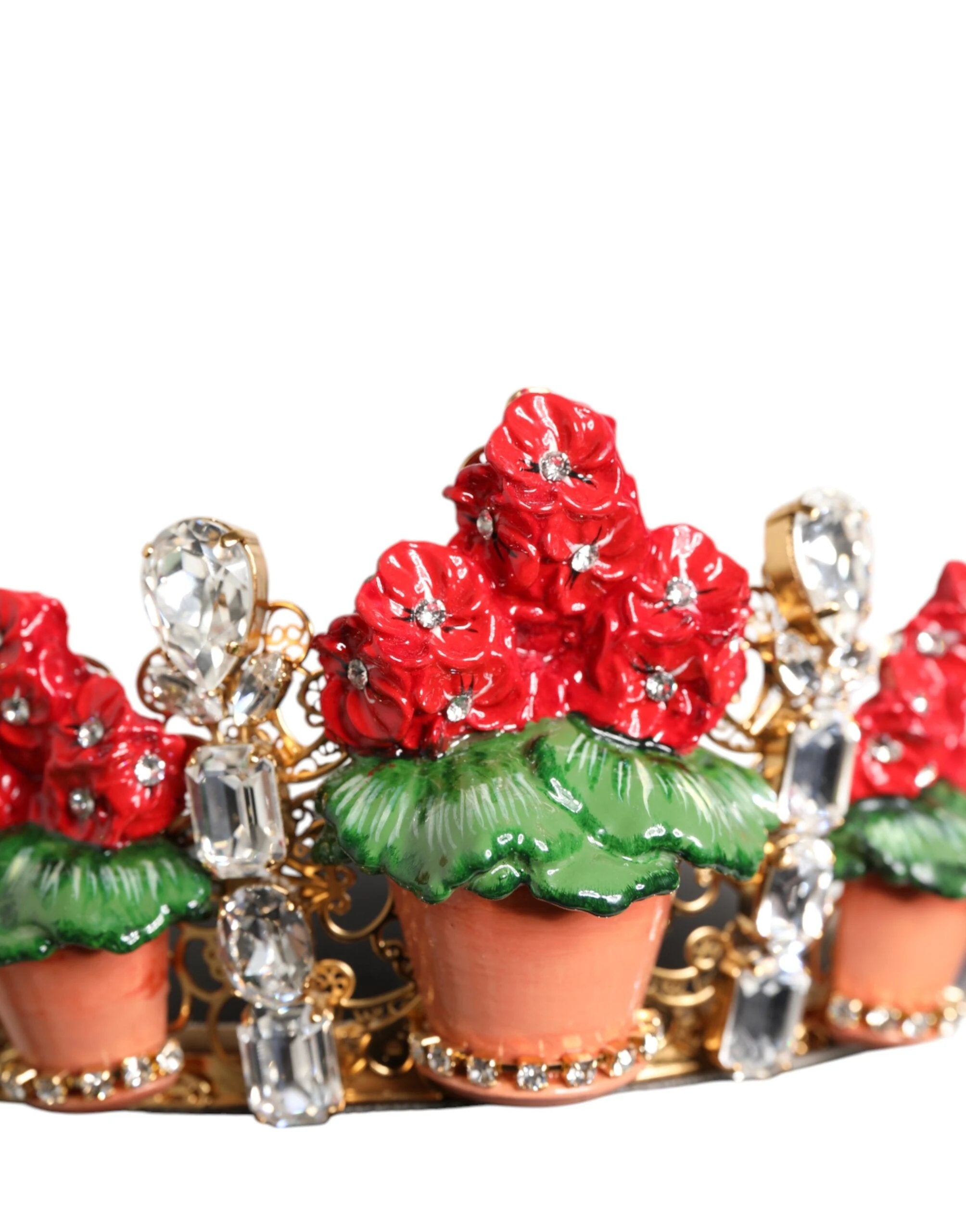 Dolce & Gabbana Red Floral Flowerpot Crystal Gold Crown Tiara Headband by Dolce & Gabbana