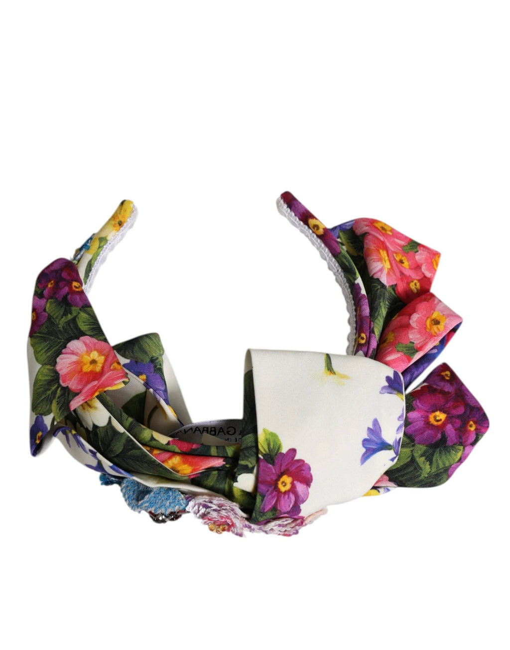Dolce & Gabbana White Multicolor Floral Silk Bow Crystal Embellished Headband by Dolce & Gabbana