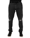 Dolce & Gabbana Black Cotton Slim Fit Distressed Ripped Logo Jeans by Dolce & Gabbana