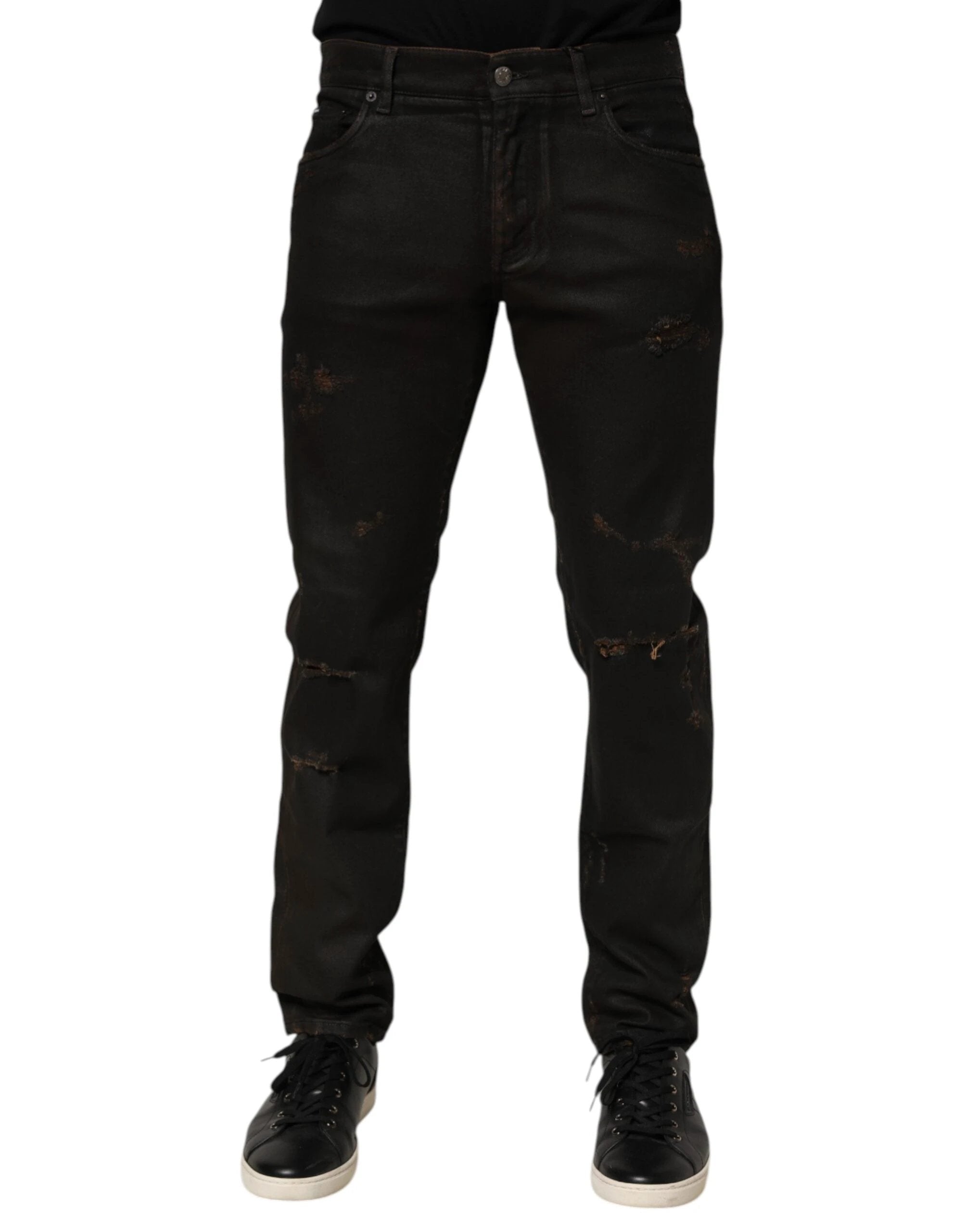Dolce & Gabbana Dark Brown Tattered Cotton Skinny Denim Jeans by Dolce & Gabbana