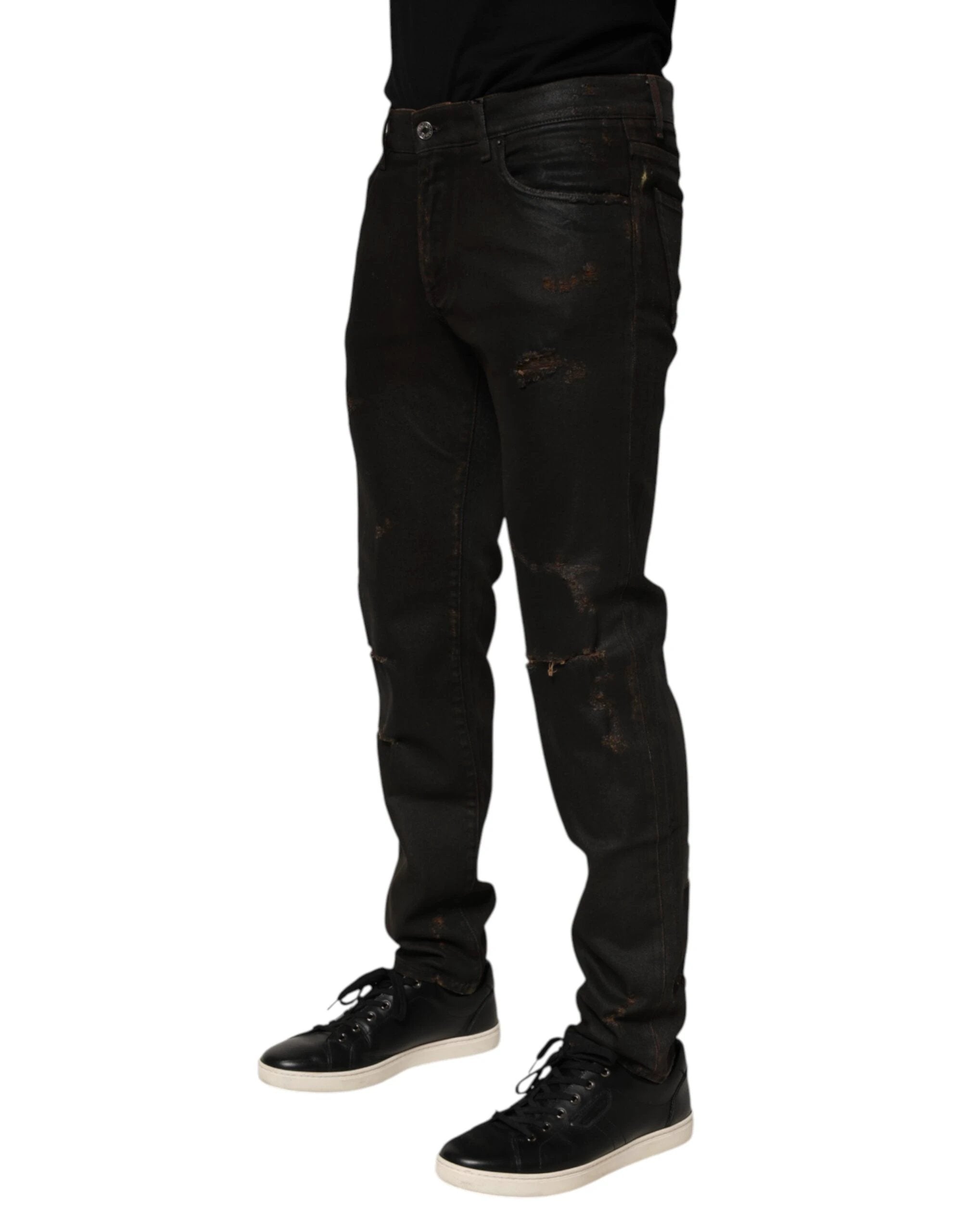 Dolce & Gabbana Dark Brown Tattered Cotton Skinny Denim Jeans by Dolce & Gabbana