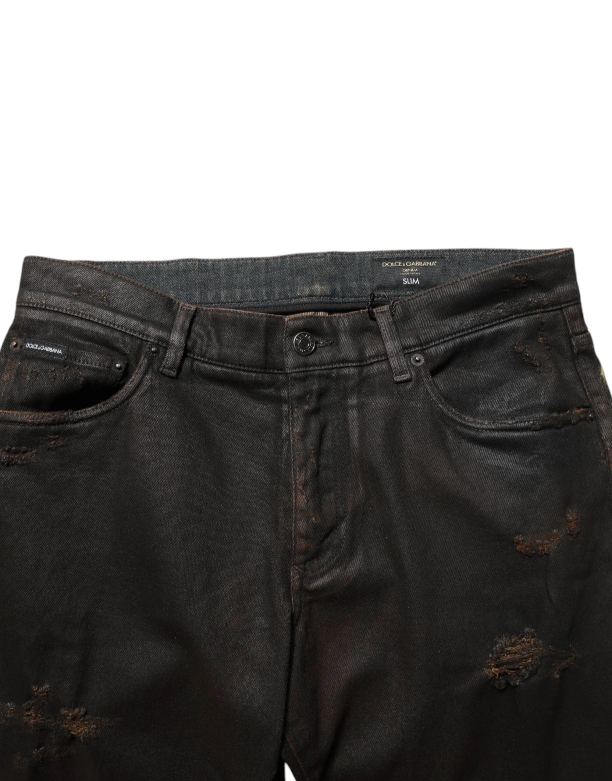 Dolce & Gabbana Dark Brown Tattered Cotton Skinny Denim Jeans by Dolce & Gabbana
