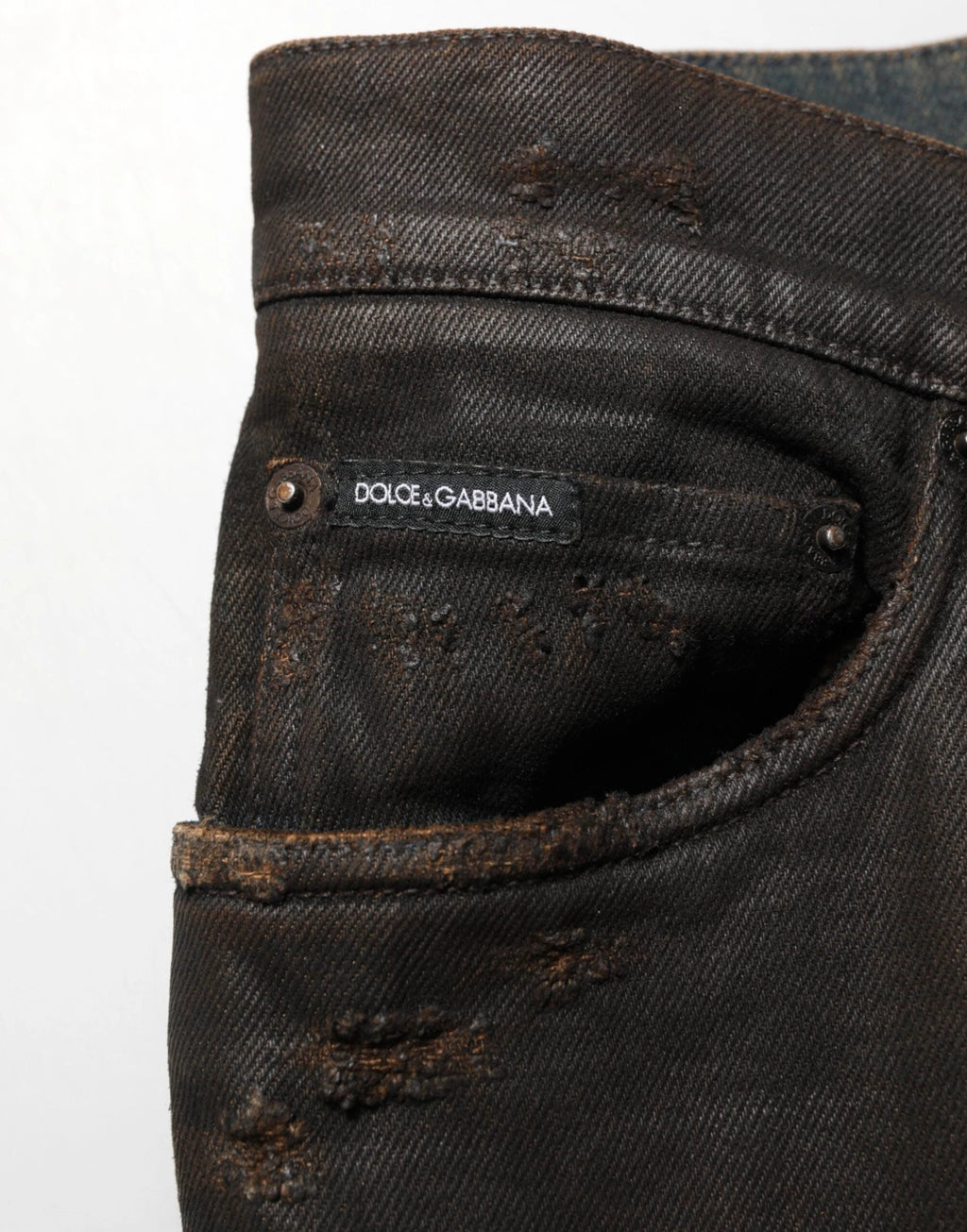 Dolce & Gabbana Dark Brown Tattered Cotton Skinny Denim Jeans by Dolce & Gabbana