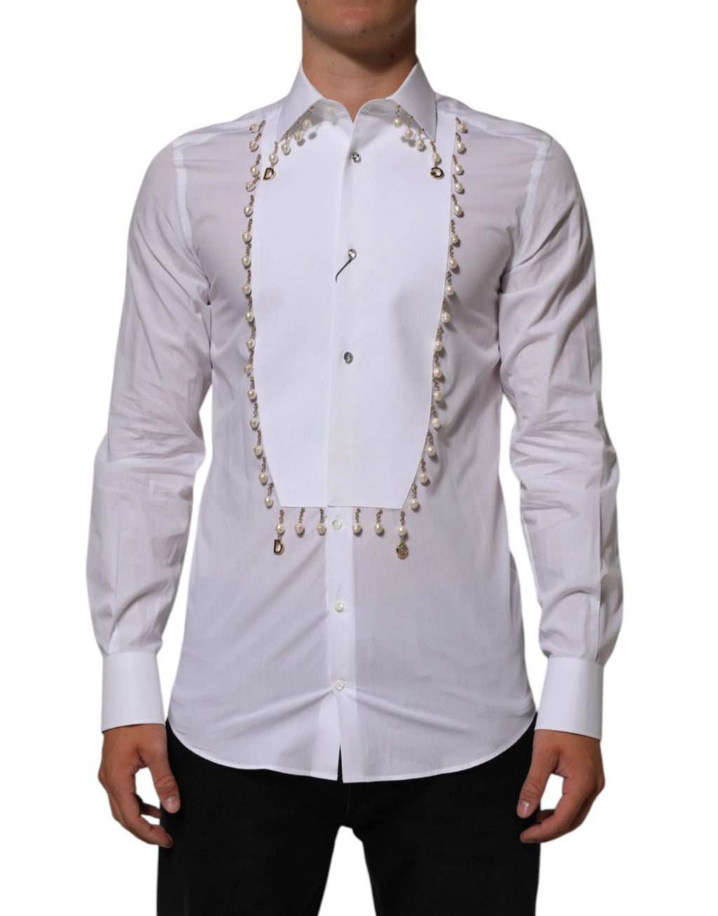 Dolce & Gabbana White Cotton DG Logo Pearl GOLD Formal Shirt by Dolce & Gabbana