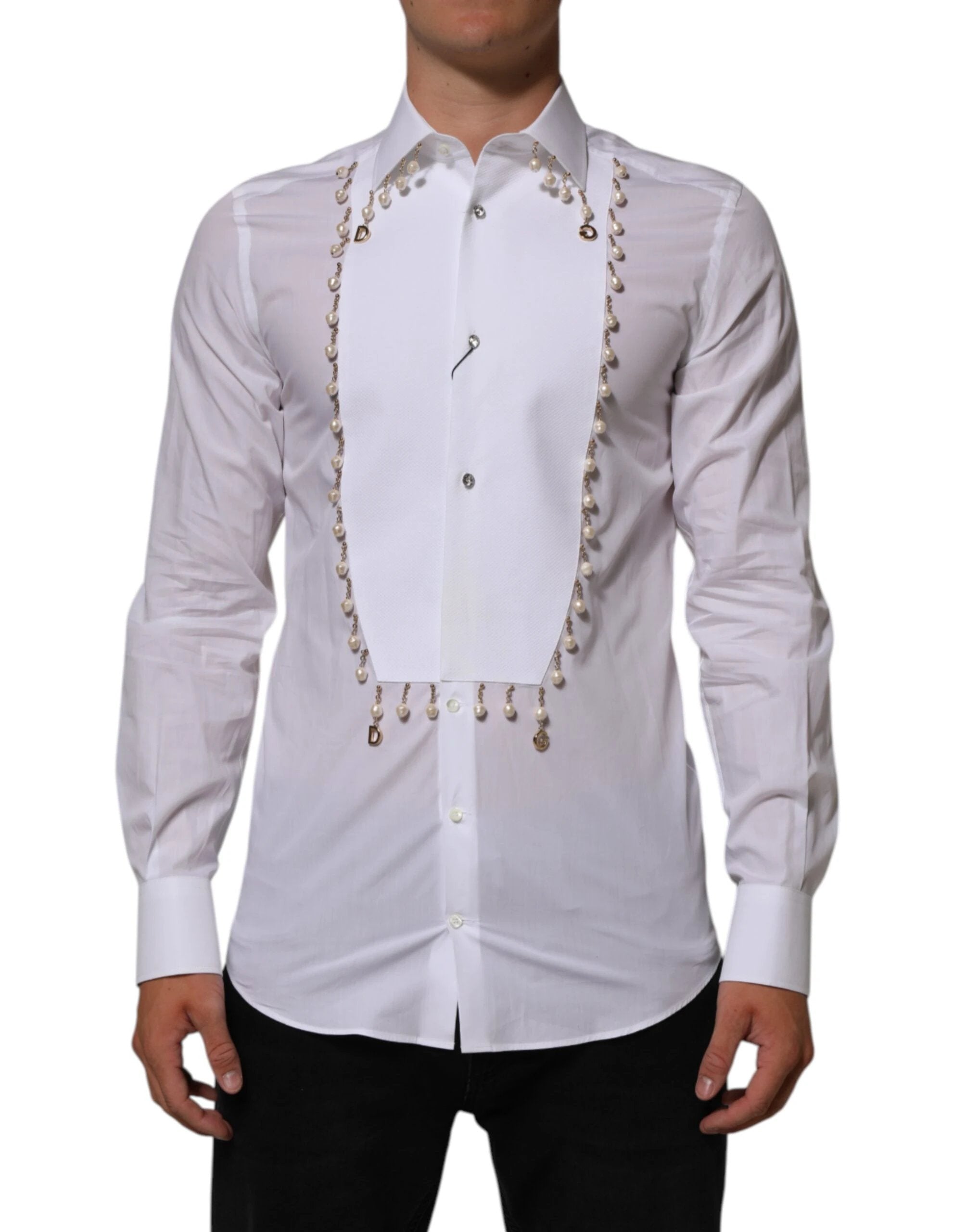 Dolce & Gabbana White Cotton DG Logo Pearl GOLD Formal Shirt by Dolce & Gabbana