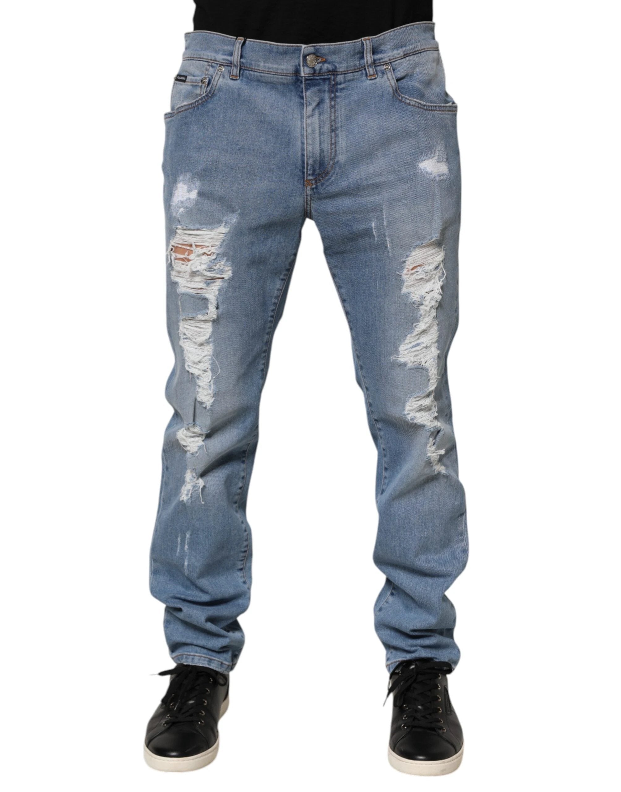 Dolce & Gabbana Blue Tattered Slim Fit Cotton Denim Jeans by Dolce & Gabbana