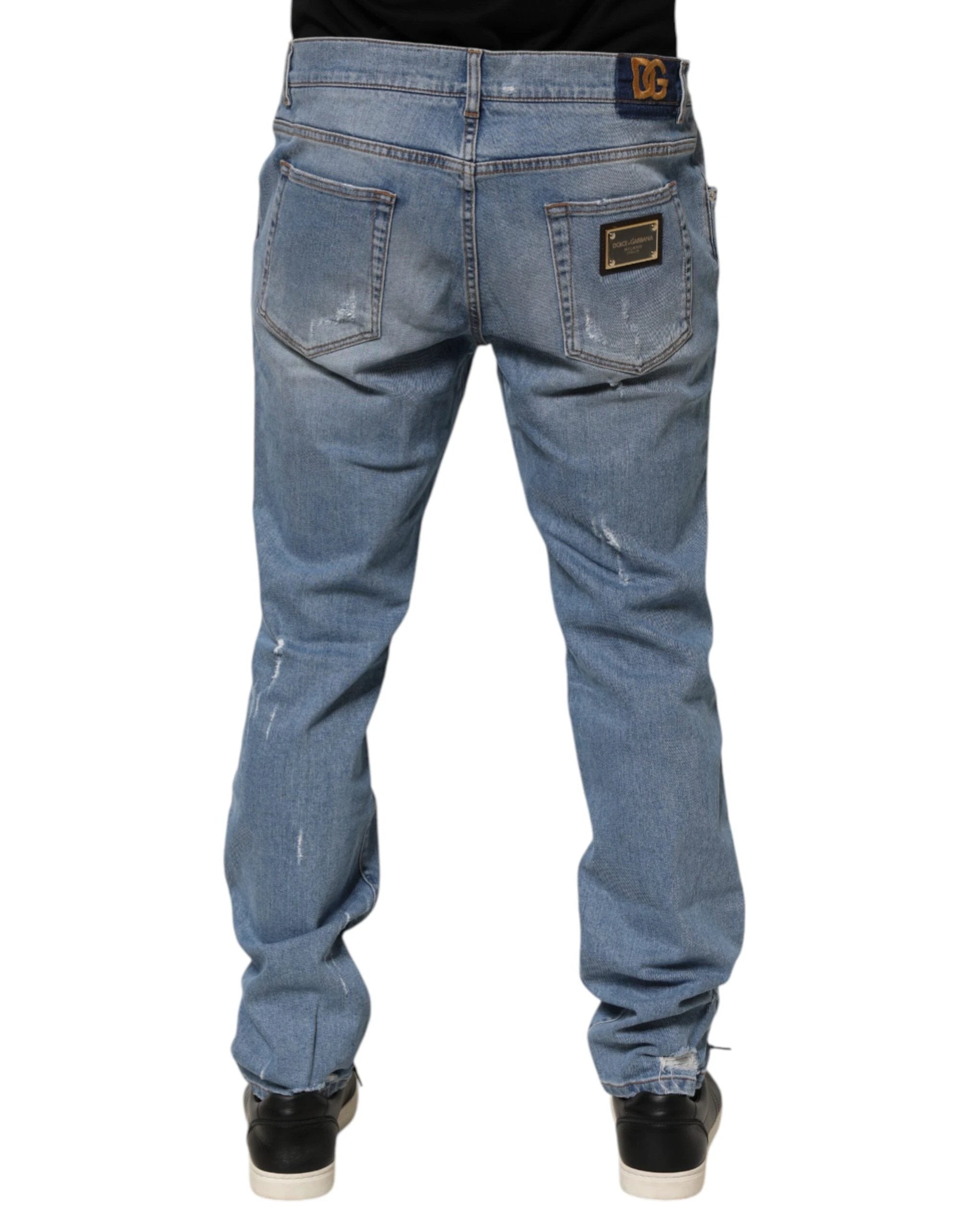 Dolce & Gabbana Blue Tattered Slim Fit Cotton Denim Jeans by Dolce & Gabbana