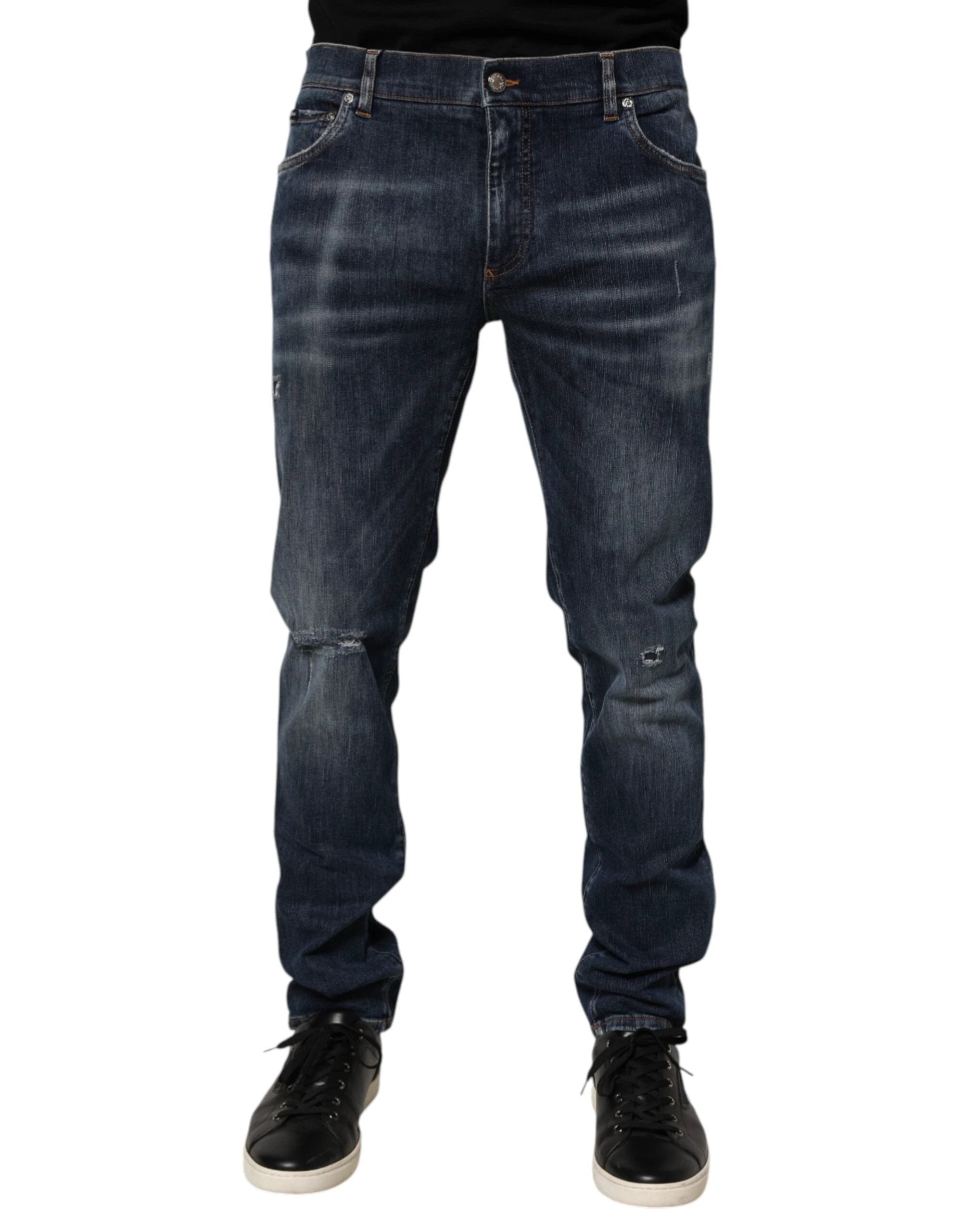 Dolce & Gabbana Dark Blue Washed Running Ripped Denim Jeans by Dolce & Gabbana