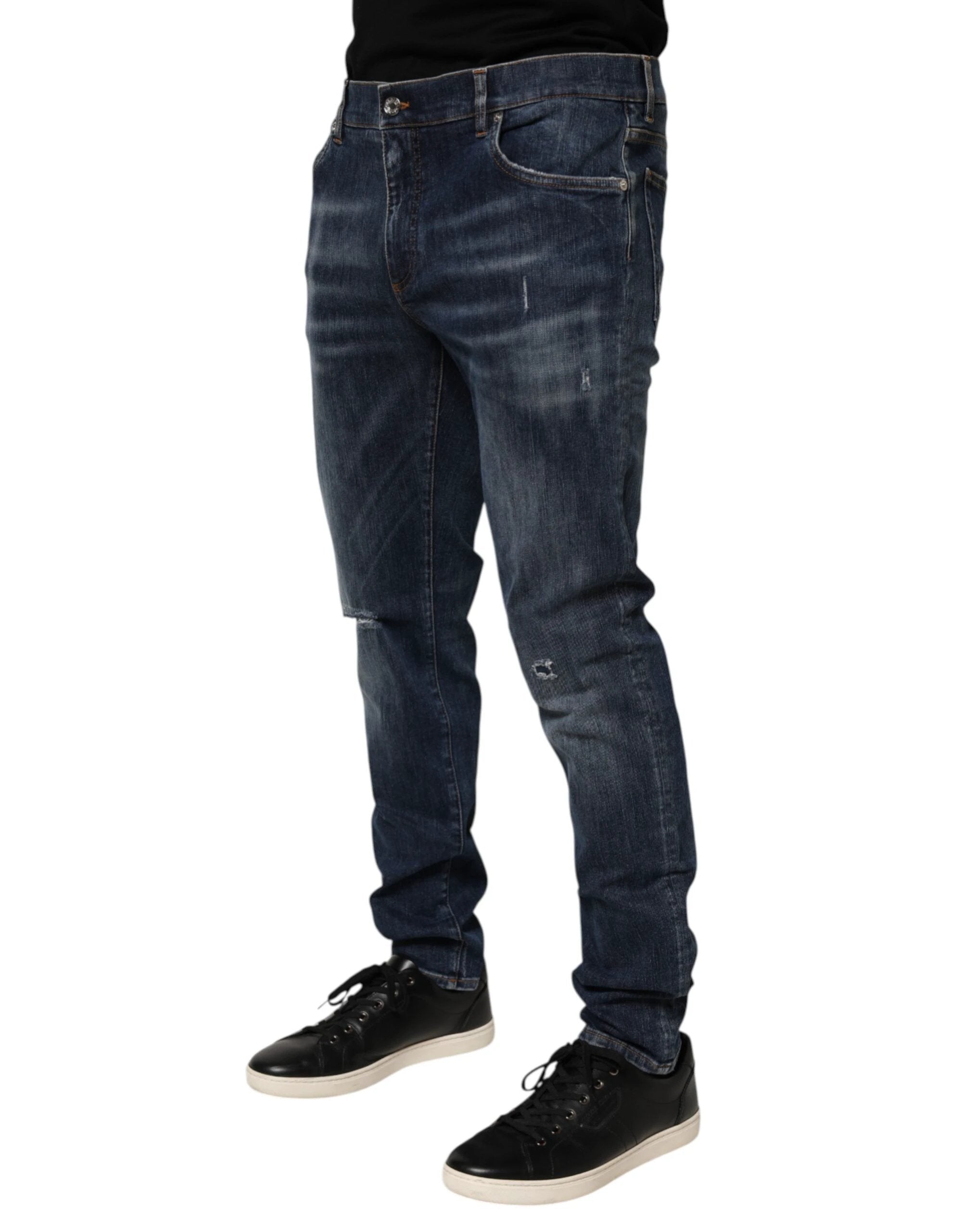 Dolce & Gabbana Dark Blue Washed Running Ripped Denim Jeans by Dolce & Gabbana