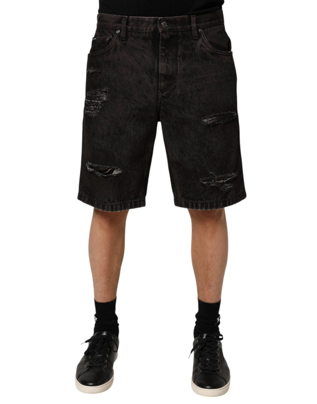 Dolce & Gabbana Black Cotton Tattered Denim Men Bermuda Short by Dolce & Gabbana